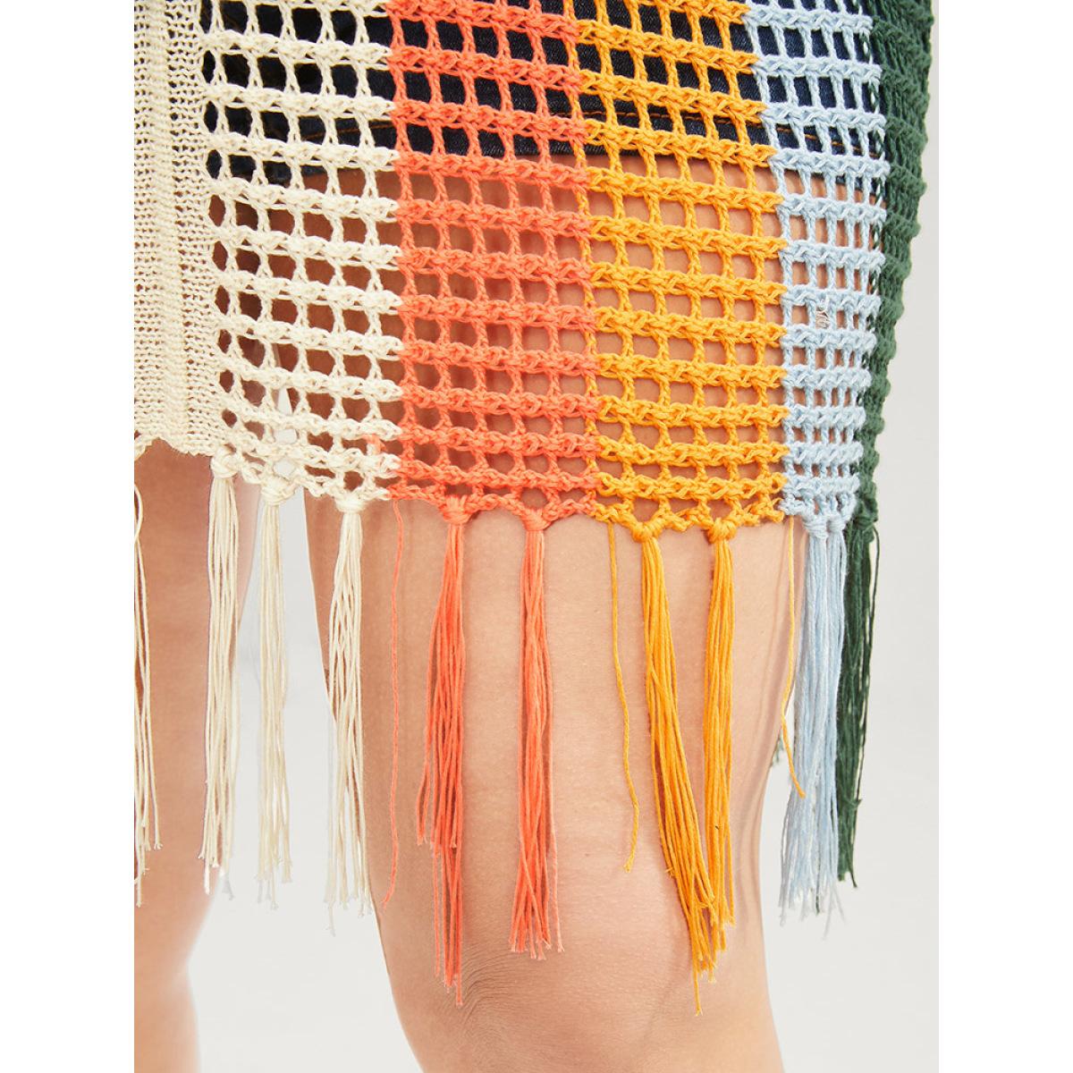 Plus Size Colorblock Contrast Dolman Sleeve Cut Out Tassels Hem Knit Top Multicolor Women Vacation Loose Sleeveless V-neck Dailywear Pullovers BloomChic 10/M Product Image