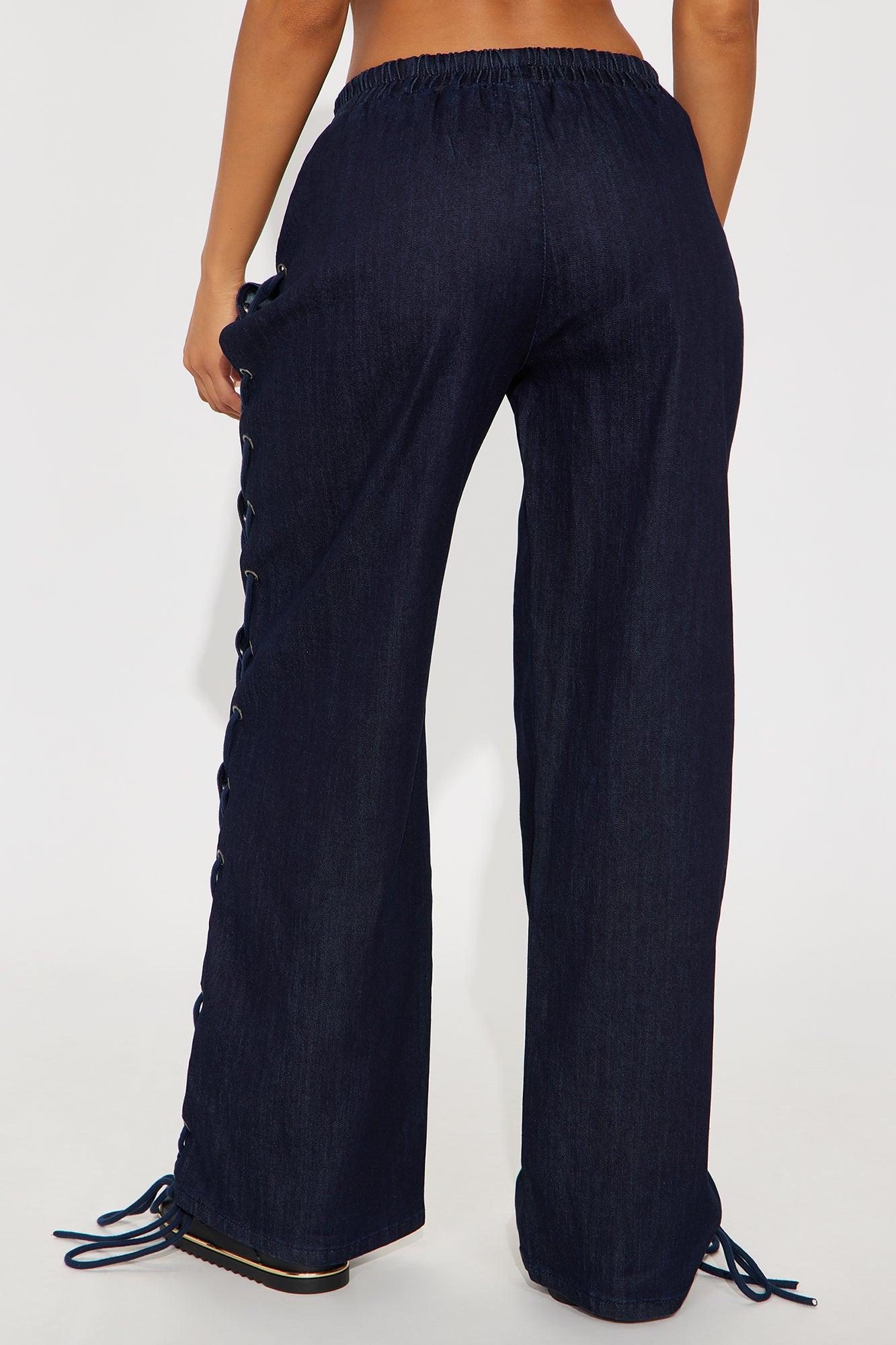 Lucky Laced Up Wide Leg Denim Jeans - Dark Wash Female Product Image