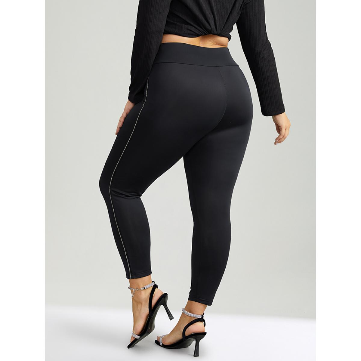 Plus Size Metal Chain Trim Mid Rise Leggings Women Black Casual Medium stretch Skinny Mid Rise Festival-Christmas Leggings BloomChic 10/M Product Image