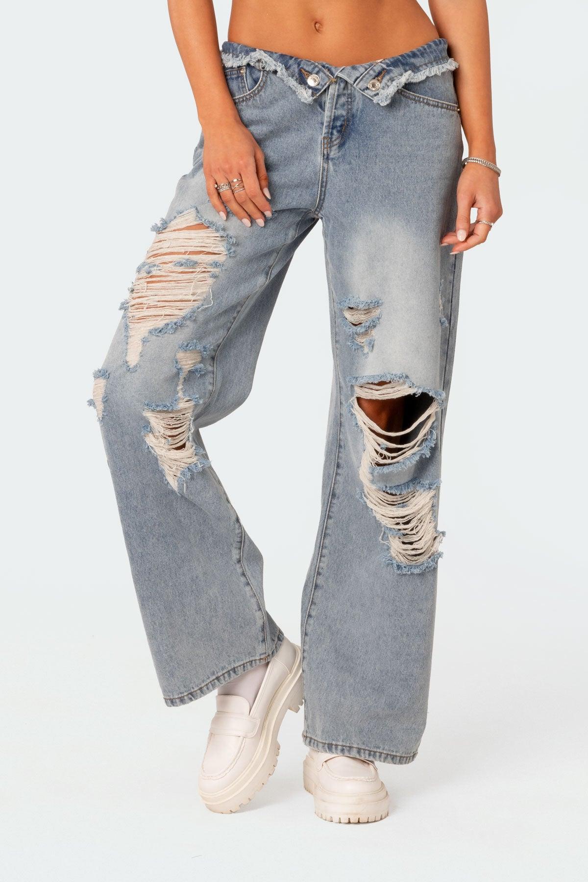 Distressed Fold Over Low Rise Wide Leg Jeans Product Image