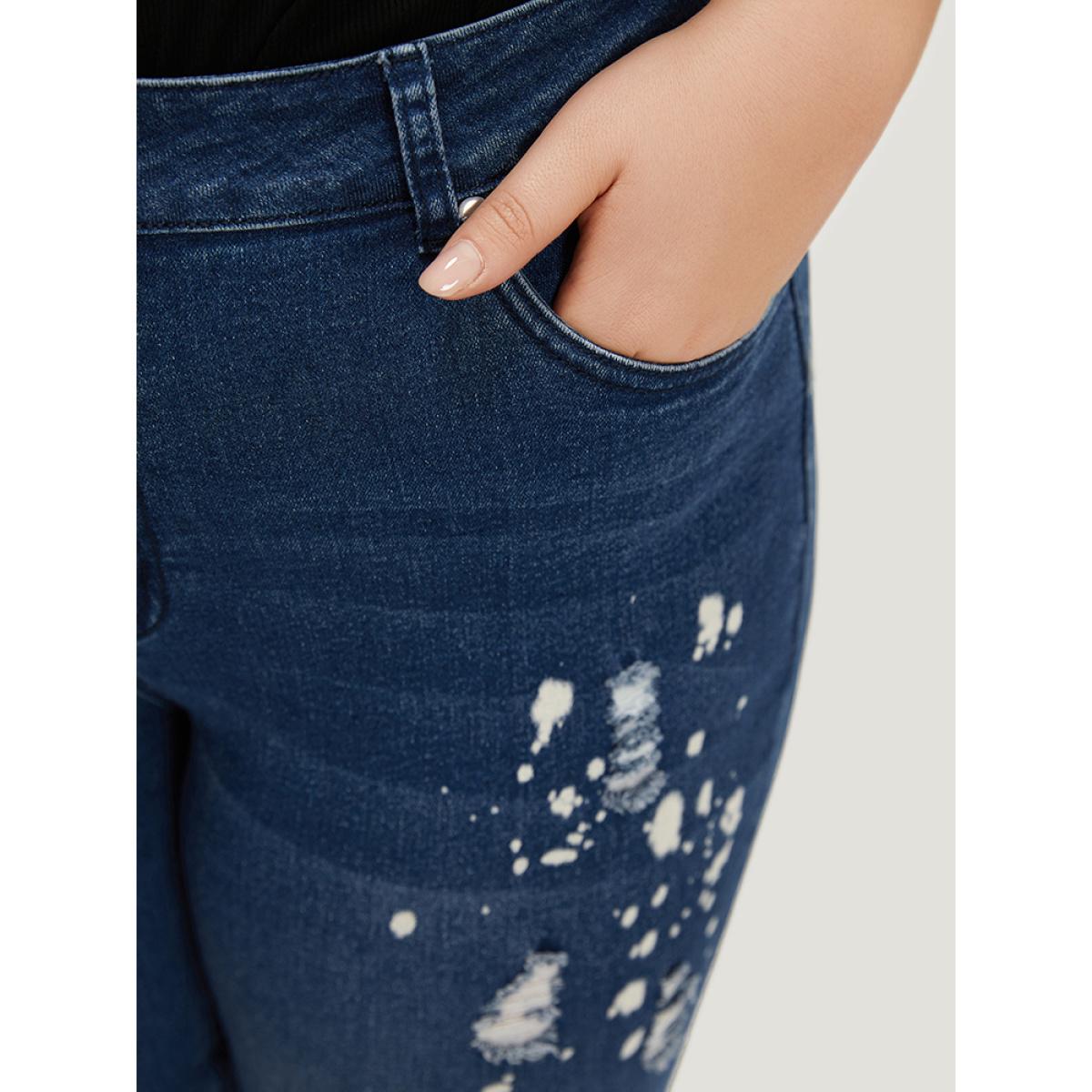 Plus Size Paint Splatter Roll Distressed Medium Wash Jeans Women Blue Casual Plain Printed High stretch Pocket Jeans BloomChic 10/M Product Image