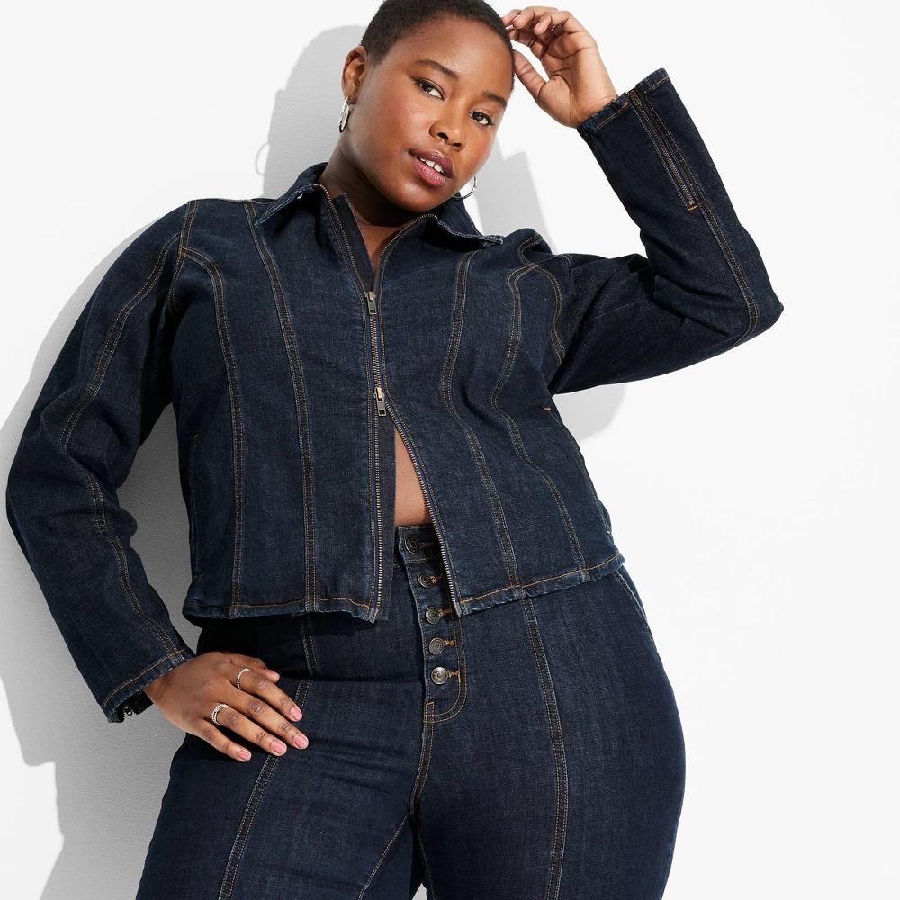 Women's Seamed Denim Moto Jacket - Wild Fable™ Dark Wash XS: Midweight, Front Zipper, Below Waist Length Product Image