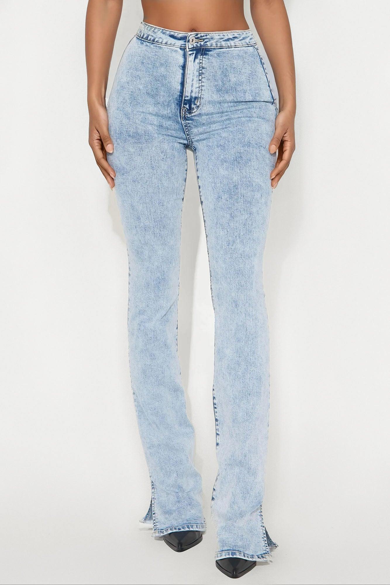 Tall Side Slit Stretch Slim Bootcut Jeans - Acid Wash Denim Female Product Image