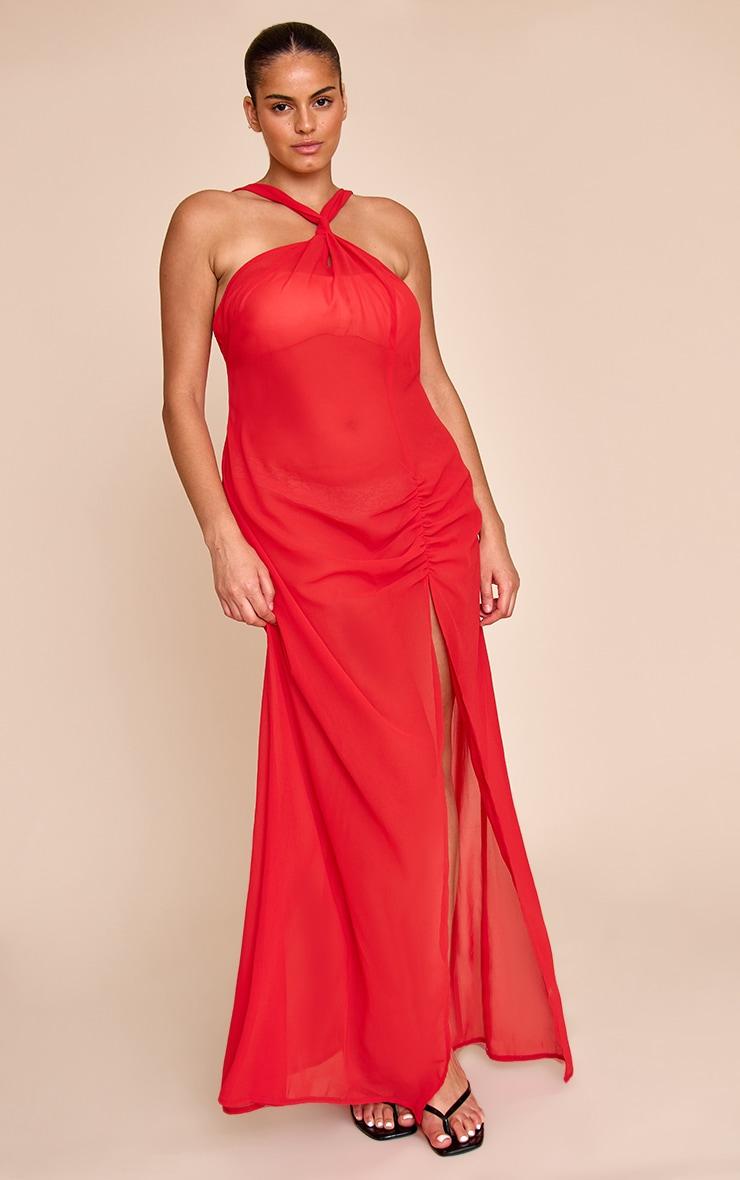Plus Red Halter Neck Chiffon Maxi Beach Dress Product Image