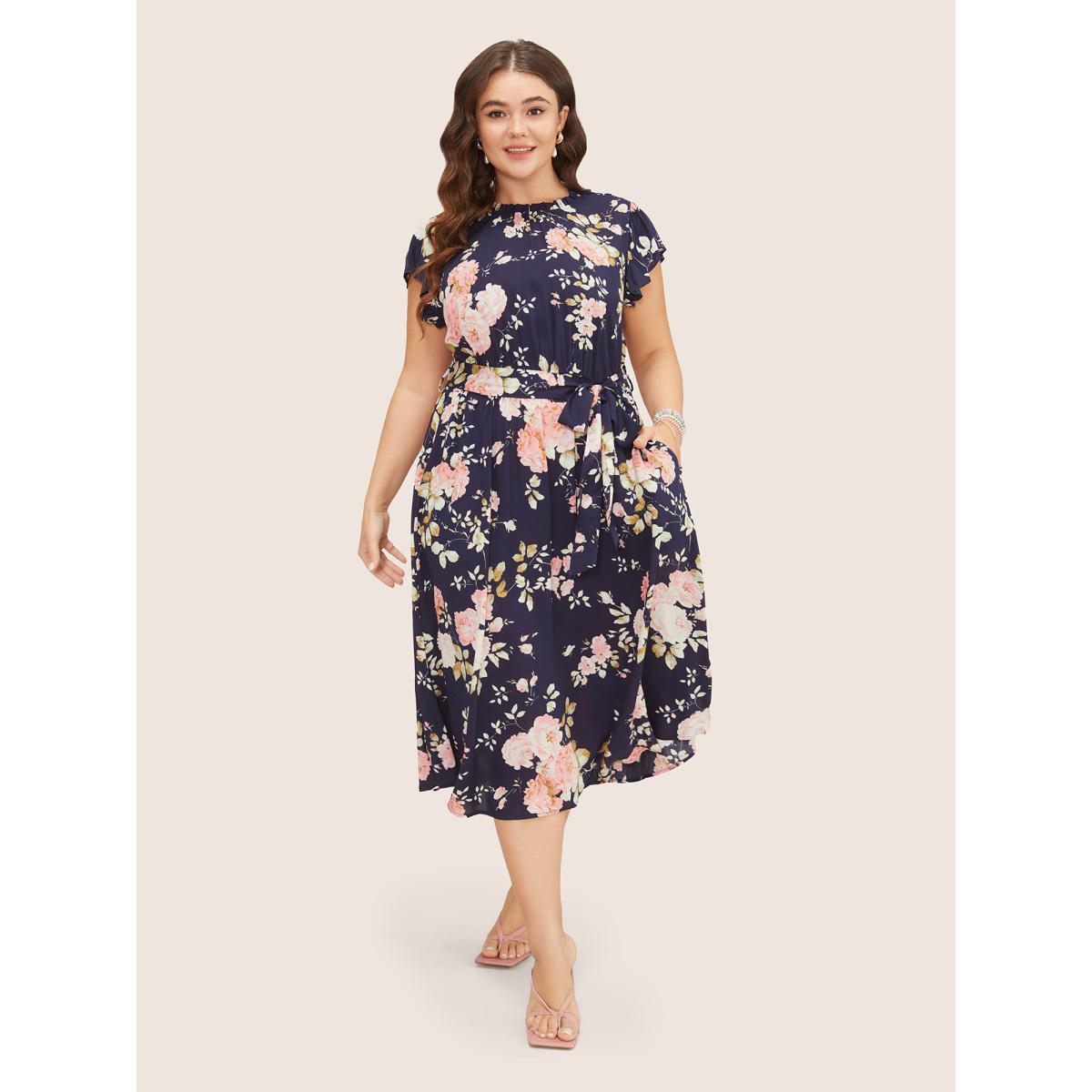 Plus Size Floral Frill Trim Mock Neck Pocket Ruffle Belted Cap Sleeve Dress DarkBlue Women Romantic Non Round Neck Short sleeve Curvy Midi Dress BloomChic 12/L Product Image