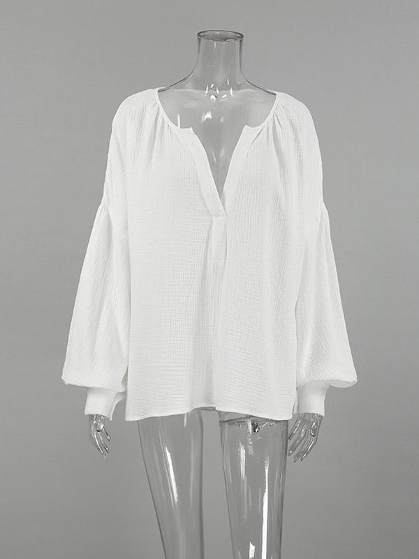 Loose Puff Sleeves Pleated Solid Color Split-Joint V-Neck Blouses&Shirts Tops Product Image