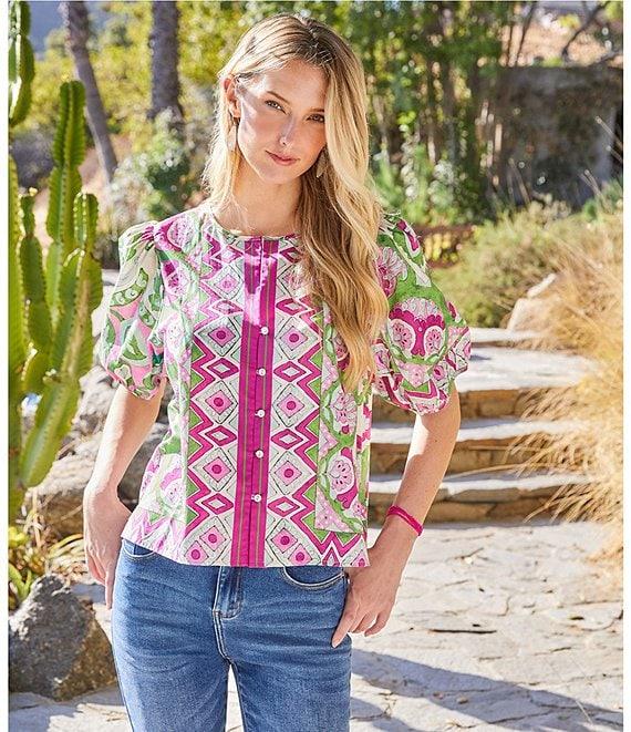 Karen Kane Printed Woven Split Round Neck Short Puff Sleeve Button-Front Shirt Product Image