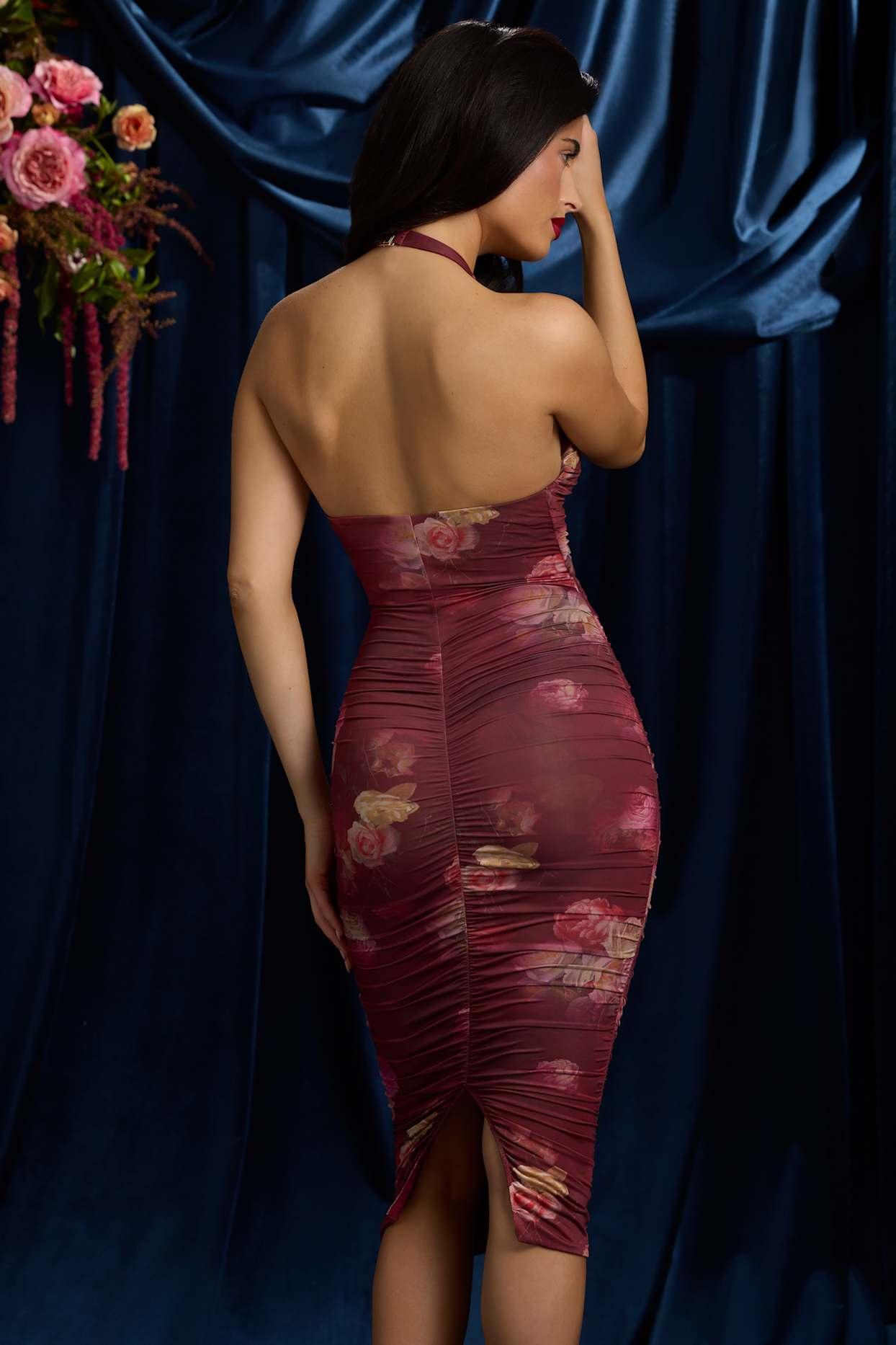 Ruched Plunge Halterneck Midi Dress in Maroon Floral Print Product Image