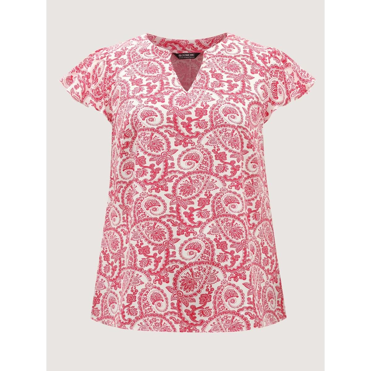Plus Size Raspberry Paisley Print Notched Collar Blouse Women Cap Sleeve Flat collar with V-notch Vacation Blouses BloomChic 14-16/1X Product Image