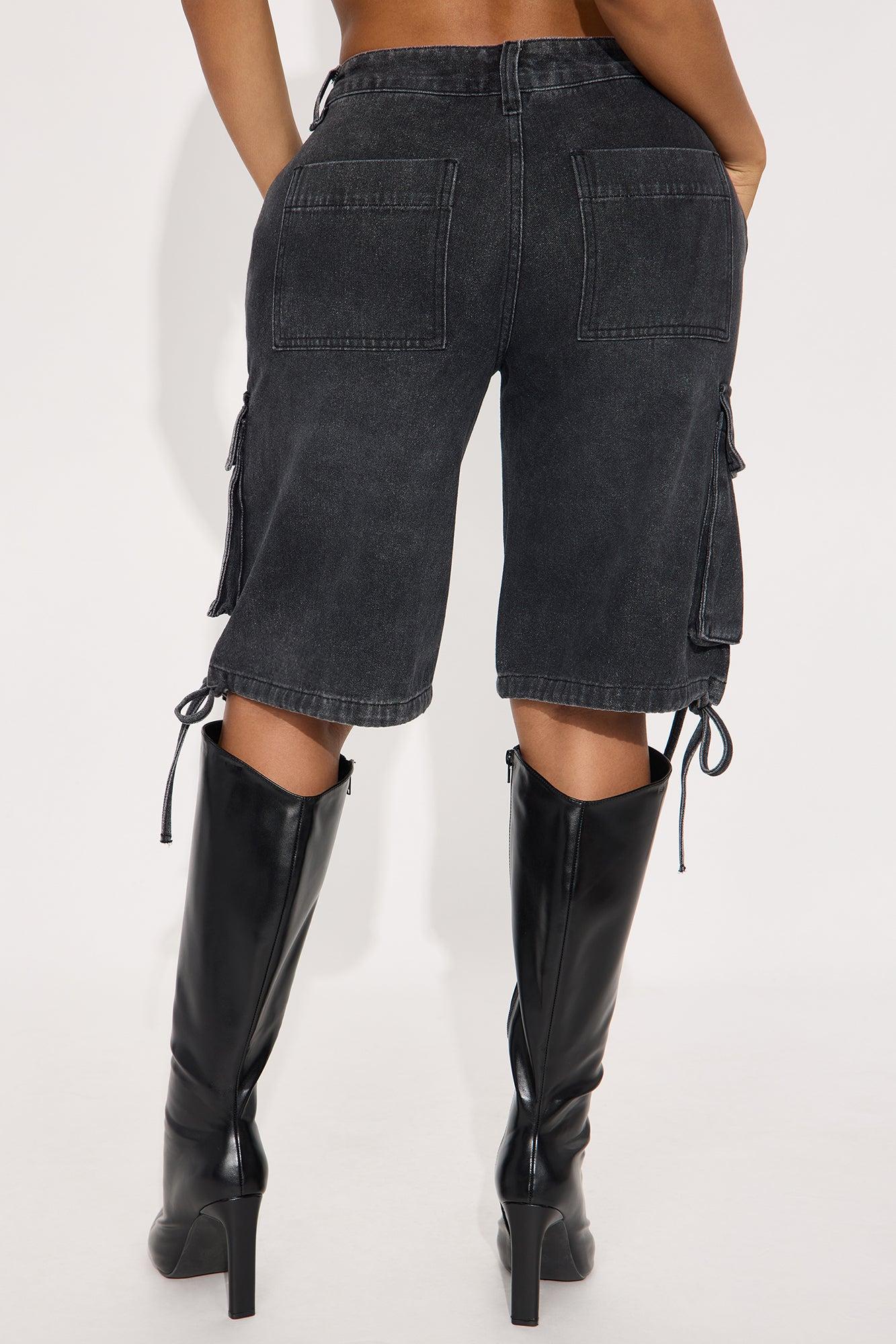 Elsy Non Stretch Cargo Denim Jorts - Black Wash Product Image