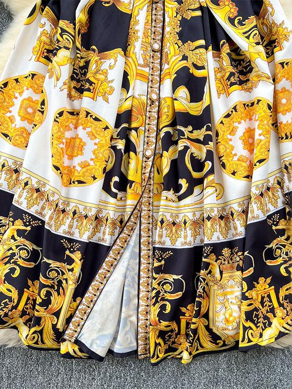 Sleeveless Belt Buckle Buttoned Contrast Color Floral Printed Midi Dresses Product Image