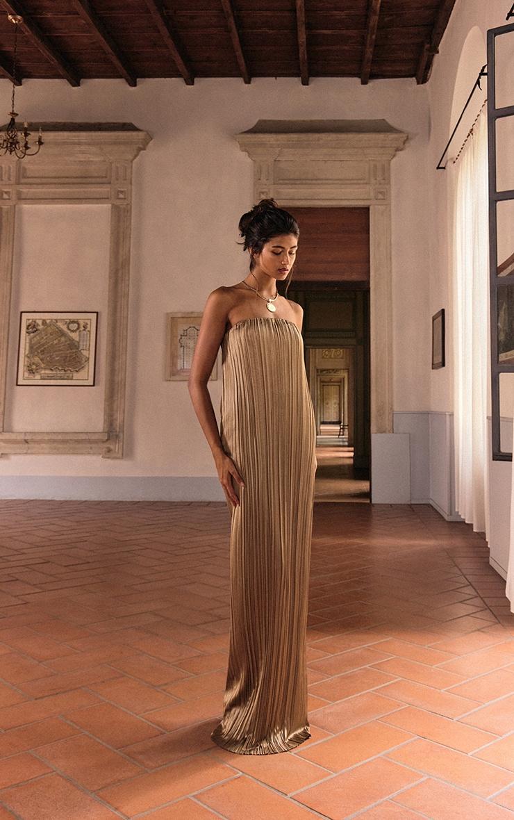 PLT Label Gold Plisse Satin Column Bandeau Maxi Dress Product Image