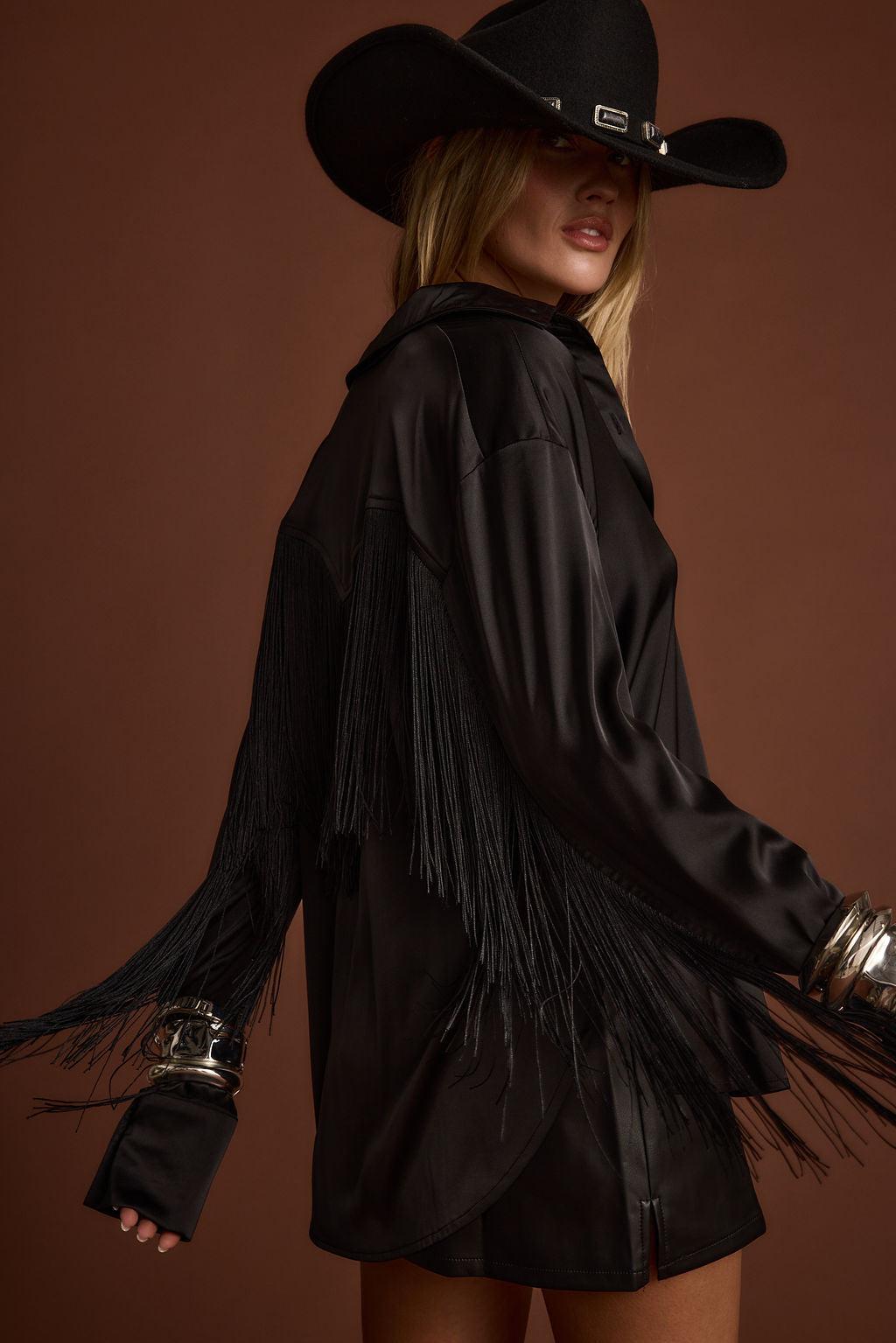 Santana Black Fringe Button Up Top Product Image