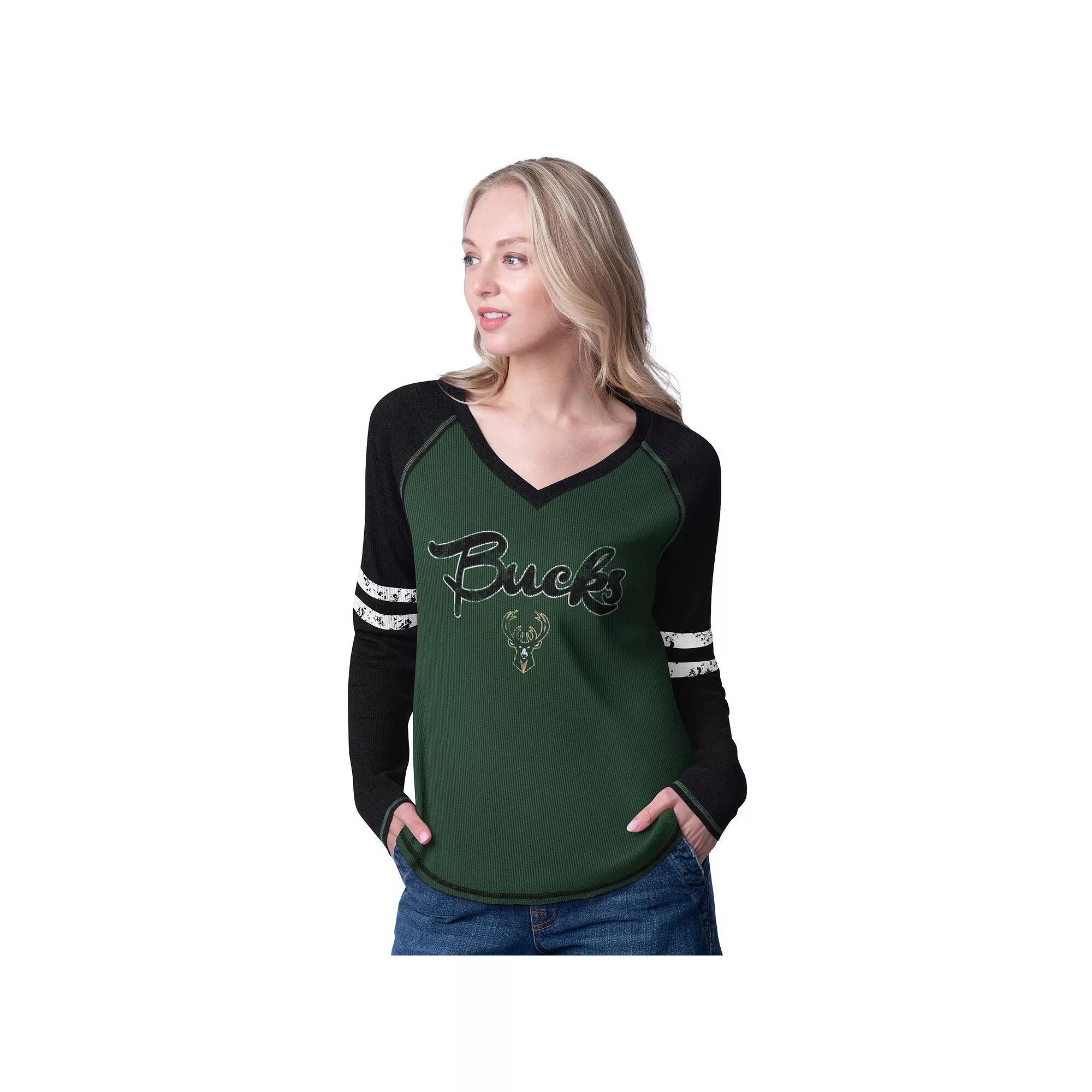 Women's G-III 4Her by Carl Banks Hunter Green/Cream Milwaukee Bucks Winner Waffle Knit Thermal Long Sleeve Tri-Blend T-Shirt,  Product Image