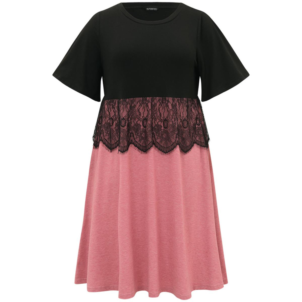 Plus Size Supersoft Essentials Colorblock Contrast Guipure Lace Flutter Sleeve Dress Rouge Women Casual Contrast Round Neck Short sleeve Curvy Midi Dress BloomChic 22-24/3X Product Image