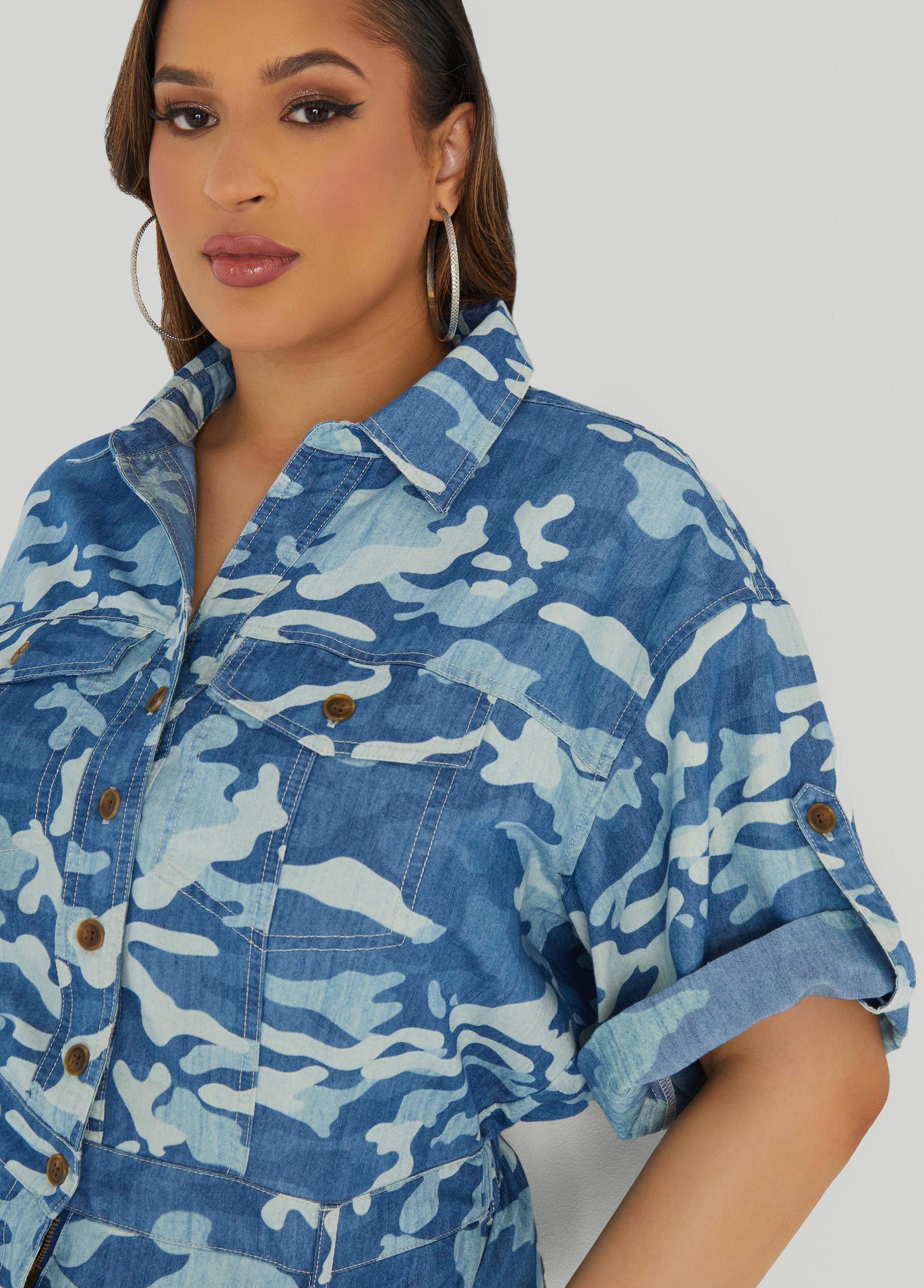 Plus Size Camo Print Denim Romper Ashley Stewart Product Image