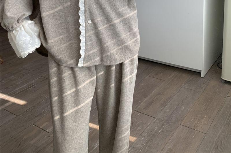 Loungewear Set : Long-Sleeve Lace Trim Shirt + Pants Product Image