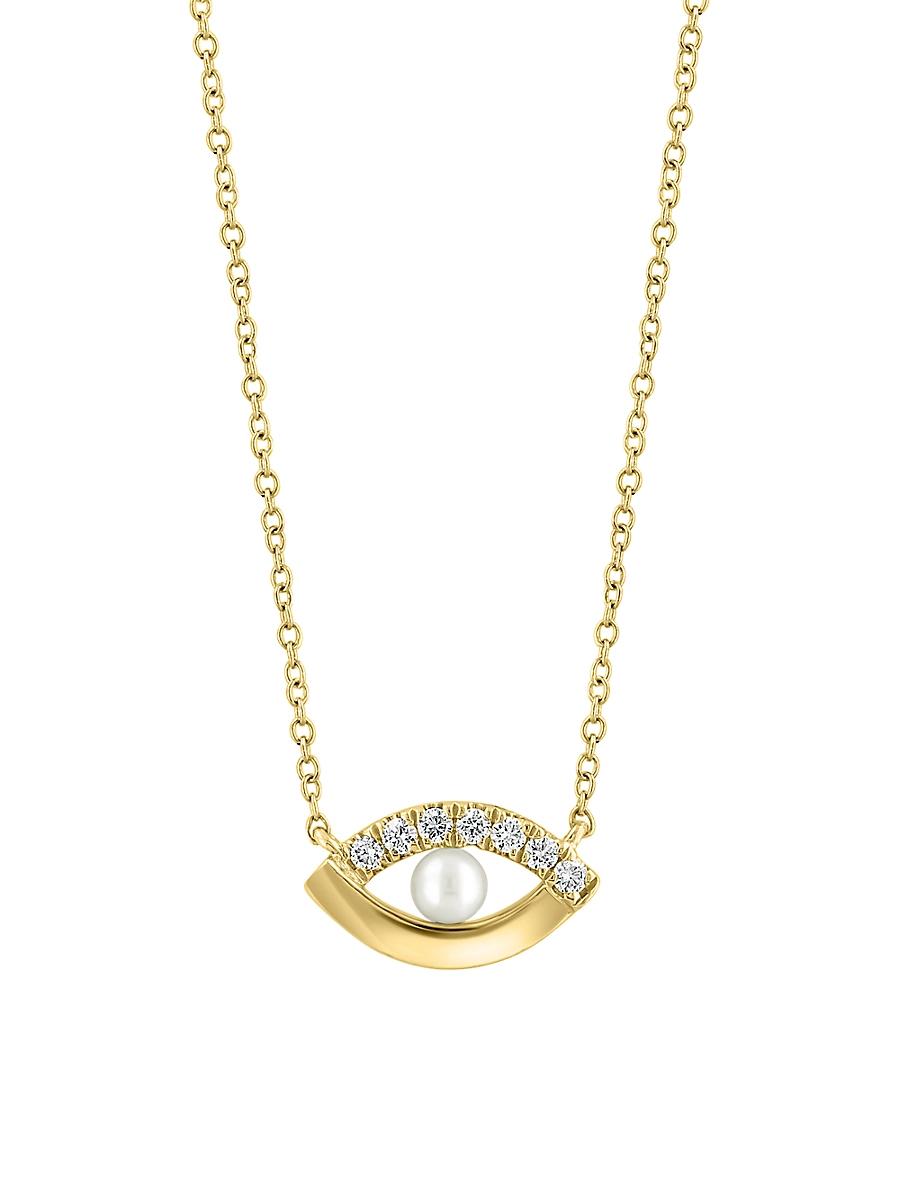 Womens 14K Yellow Gold, 3MM Freshwater Pearl, & 0.07 TCW Diamond Evil Eye Pendant Necklace Product Image