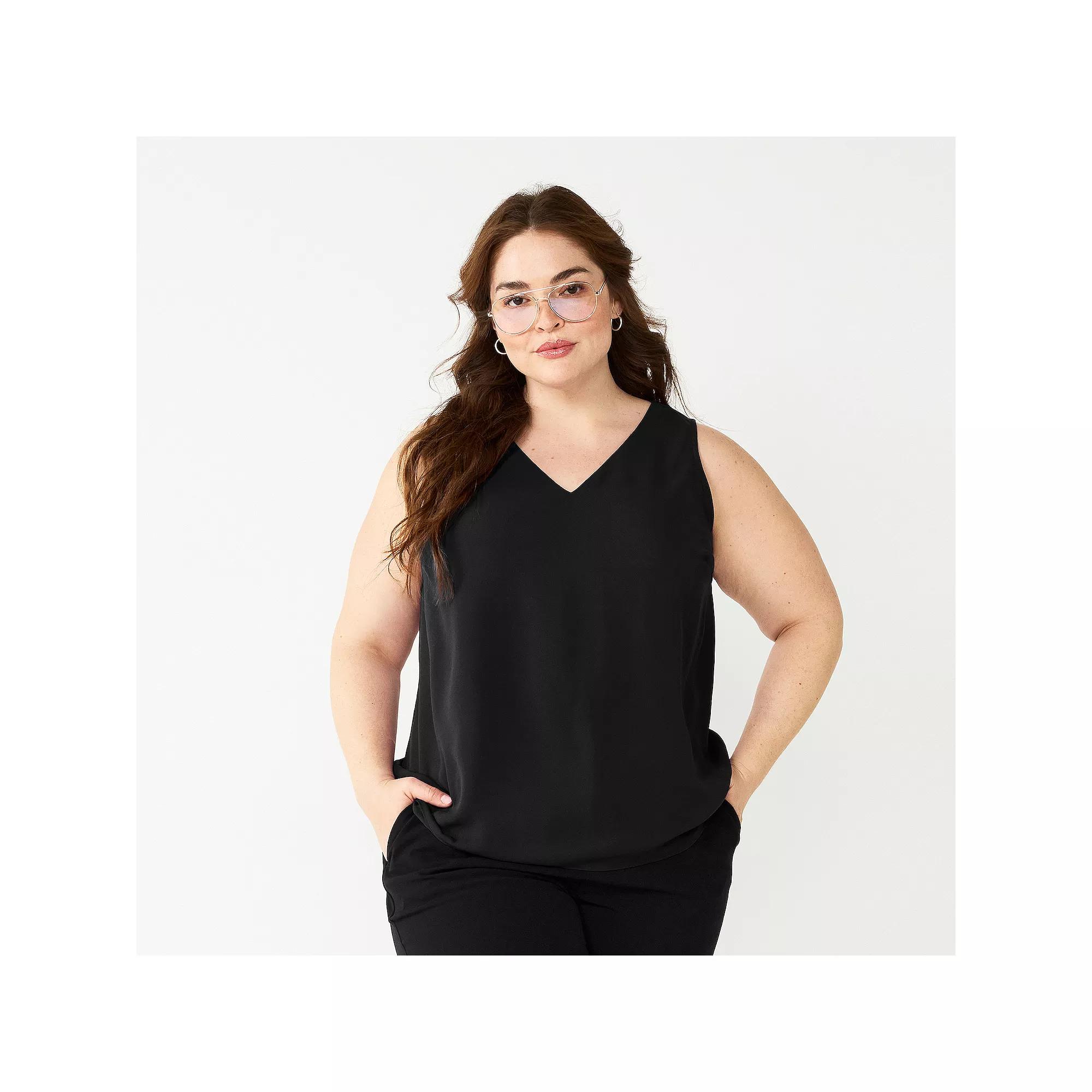 Plus Size Nine West Essential V-Neck Tank Top, Women's, Size: 0X, Mineral Black Product Image