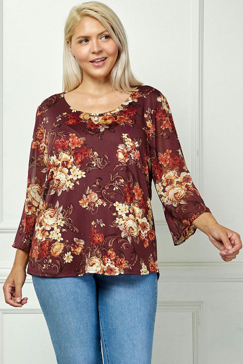 3/4 Flare Sleeve Cutout Neck Bubble Blouse in Black - Plus Product Image
