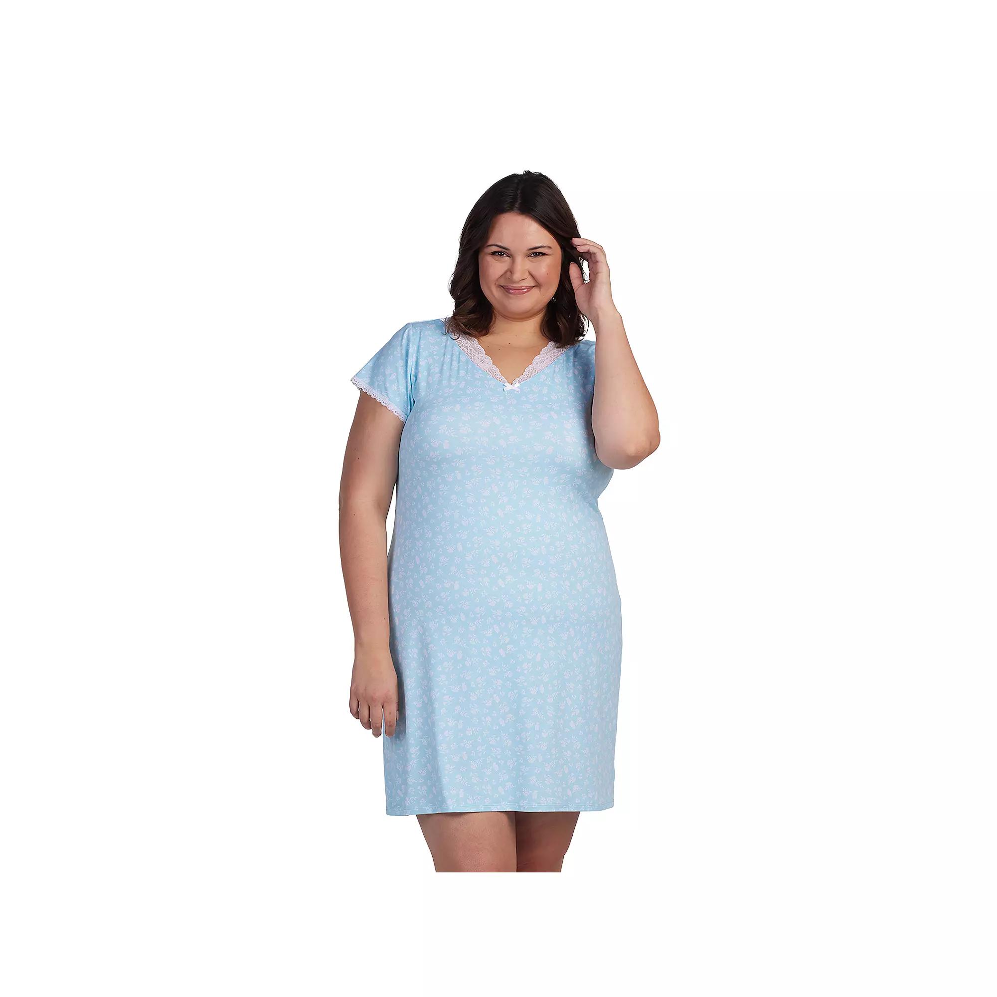 Plus Size Miss Elaine Essentials Micro Velvet Short Nightgown, Women's, Size: 1XL, Blue Floral Product Image