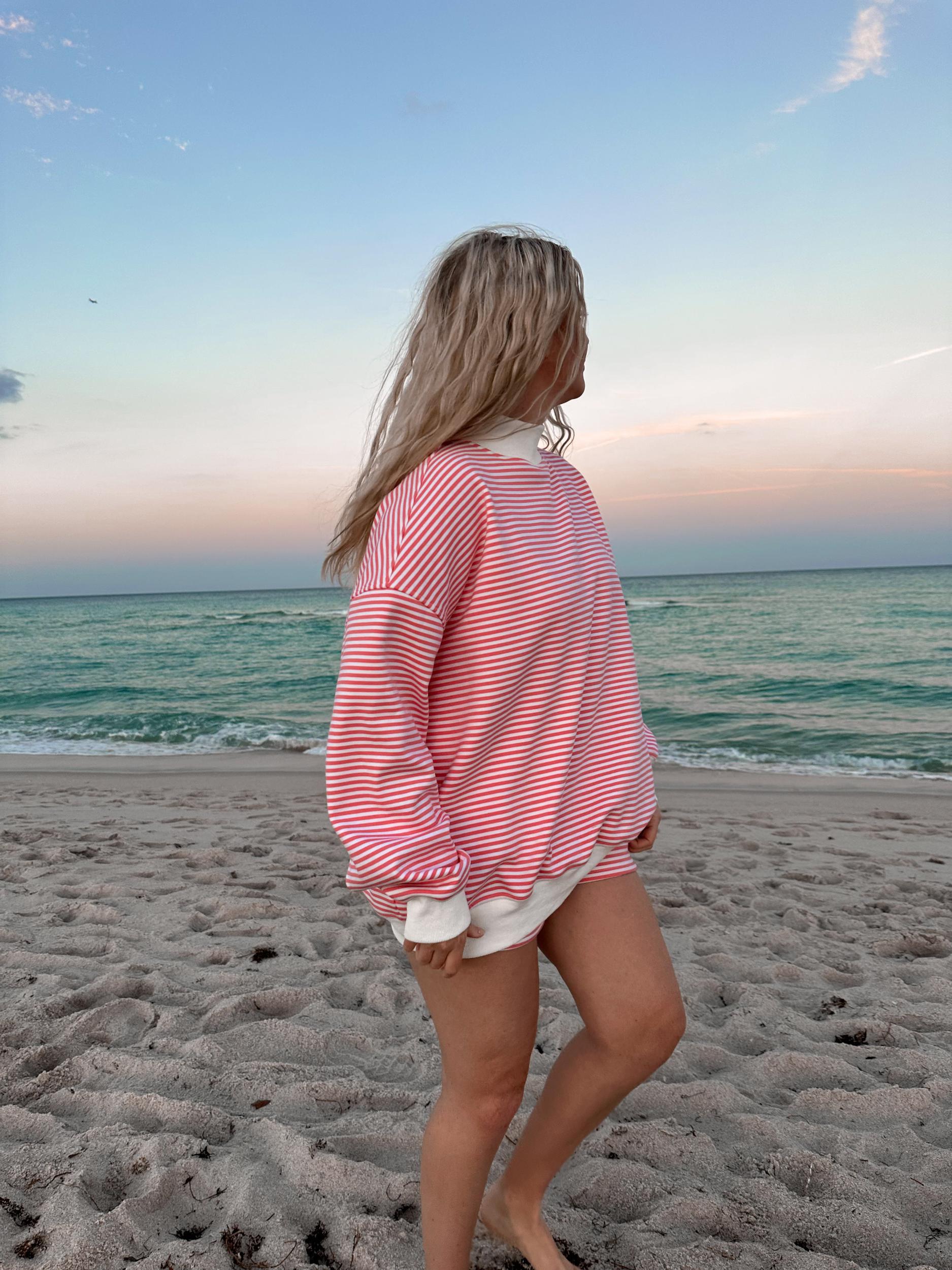 Dark Pink and White Big Striped Mockneck Sweatshirt Product Image