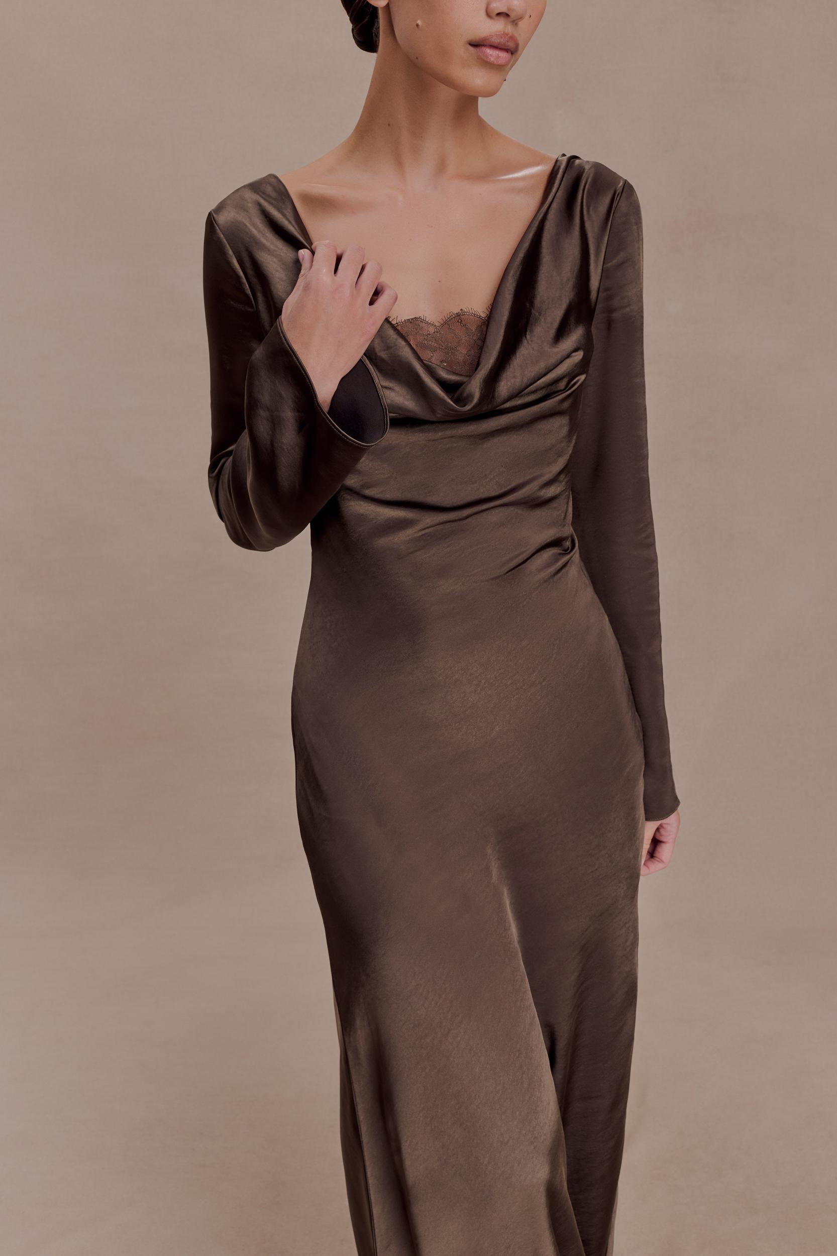 Eliza Long Sleeve Cowl Lace And Satin Maxi Dress - Mocha Product Image