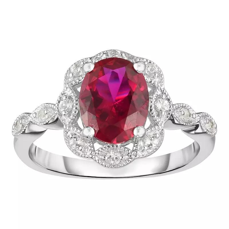 Sterling Silver Lab-Created Gemstone & White Topaz Frame Ring, Women's, Size: 7, Created Red Product Image