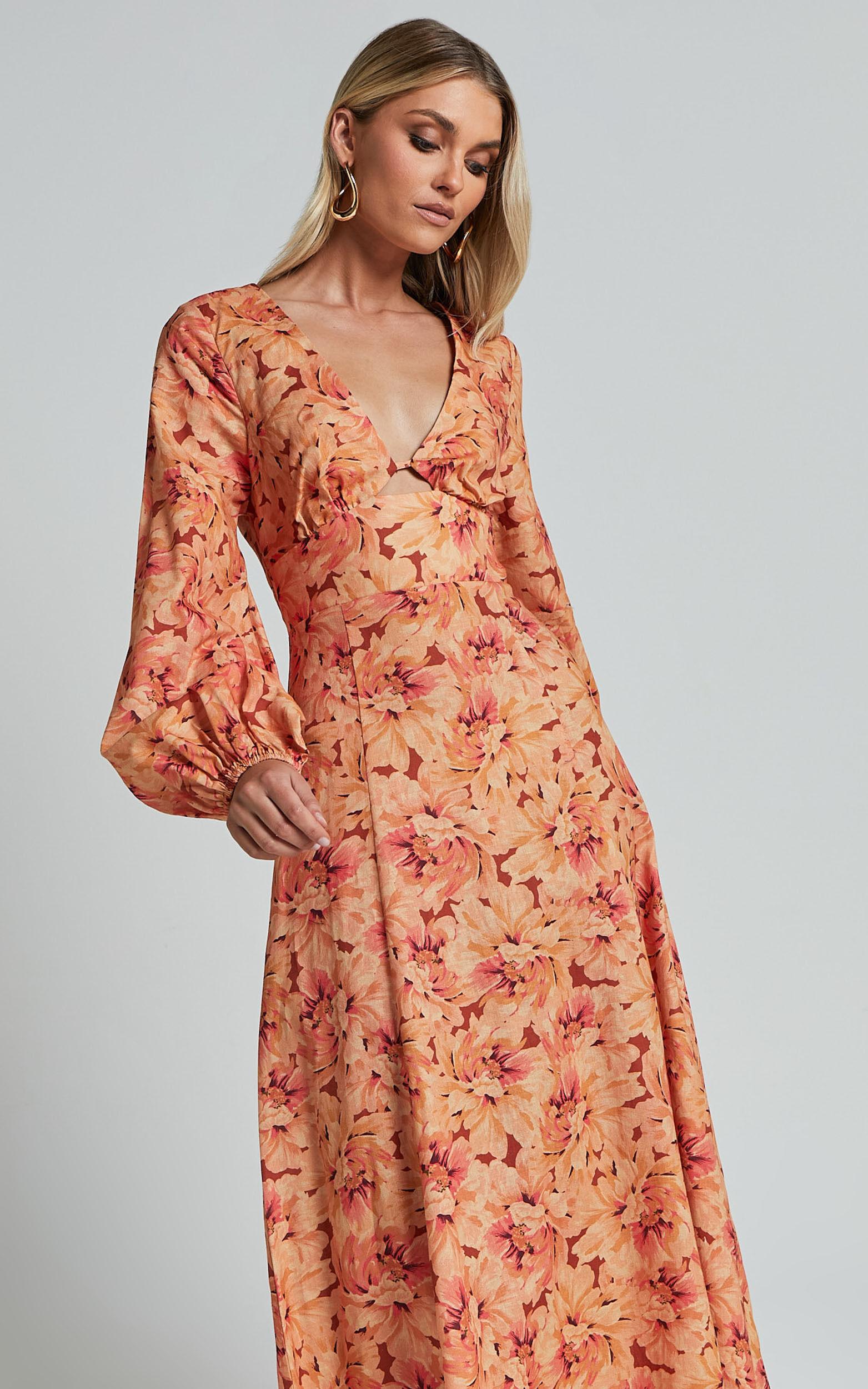 Amalie The Label - Maraien Linen Blend V Neck Front Keyhole Maxi Dress in Valencia Print Product Image