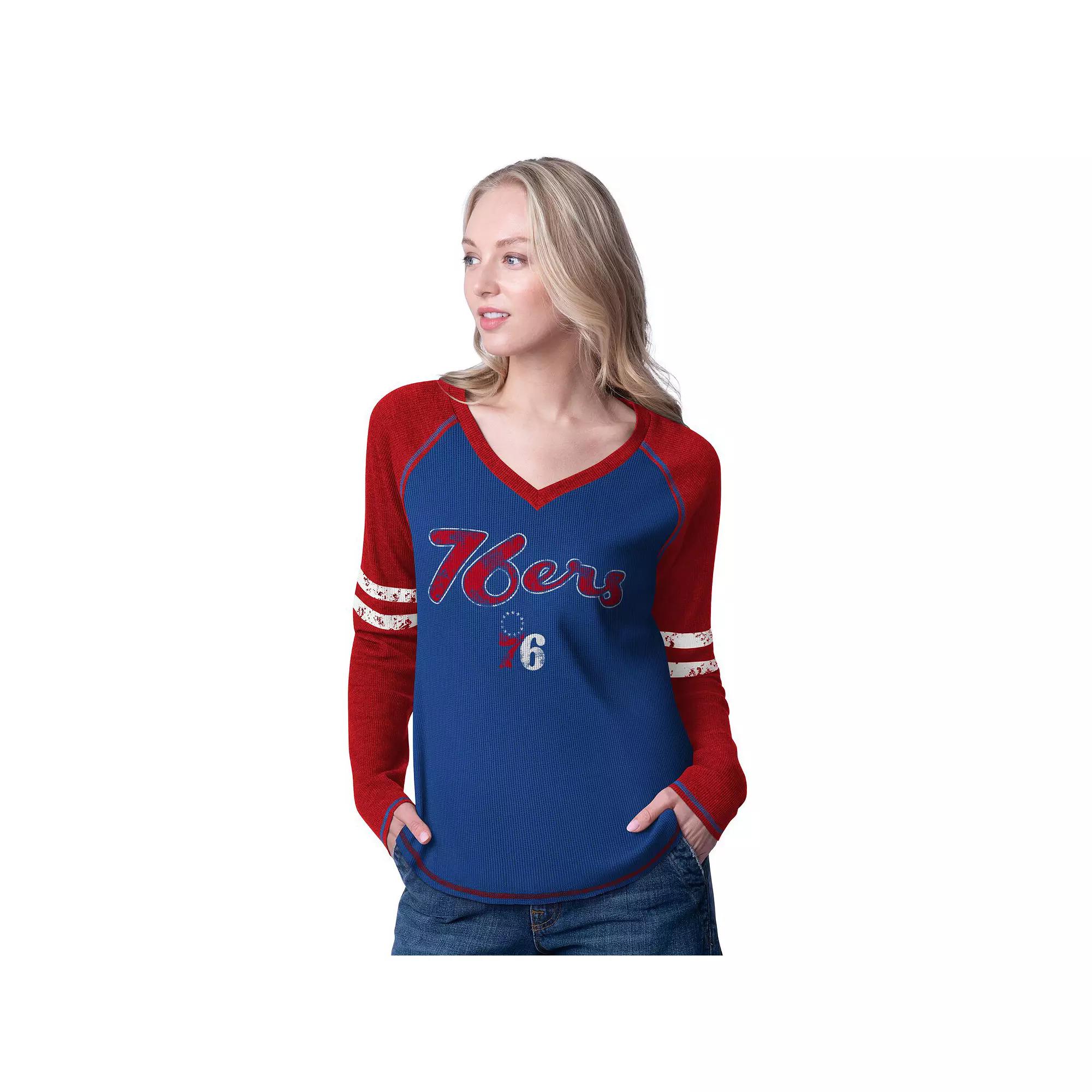 Women's G-III 4Her by Carl Banks Royal/Red Philadelphia 76ers Winner Waffle Knit Thermal Long Sleeve Tri-Blend T-Shirt,  Product Image