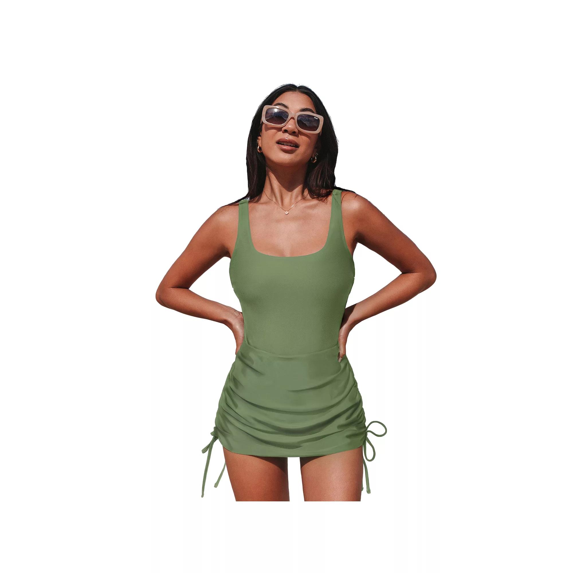 Women's Cupshe Ruched Square Neck Drawstring Side Shirred One-Piece Swim Dress,  Product Image