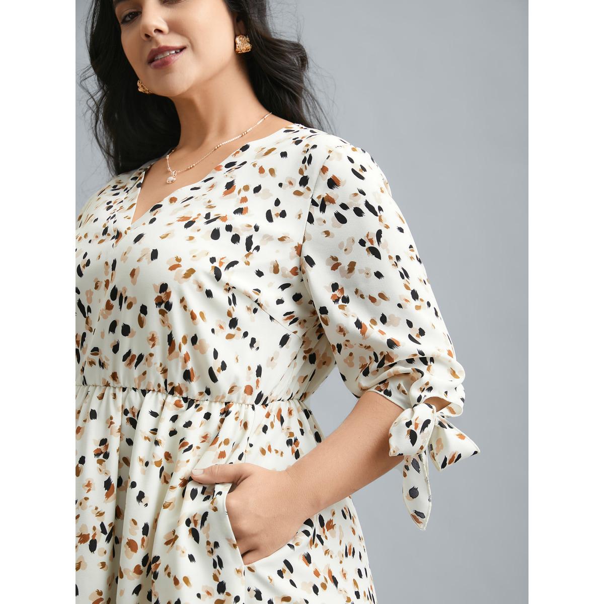 Plus Size Printed Stretchy Waist-Cinched Midi Dress Apricot Women Elegant Tie knot V-neck Elbow-length sleeve Curvy BloomChic 30/6X Product Image