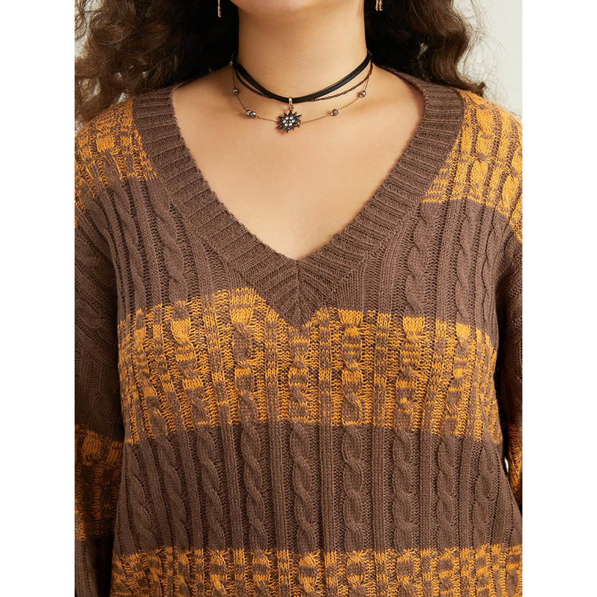 Plus Size Halloween Colorblock Plisse Split Side Pullover Bronze Women Casual Loose Long Sleeve V-neck Festival-Halloween Pullovers BloomChic 10/M Product Image