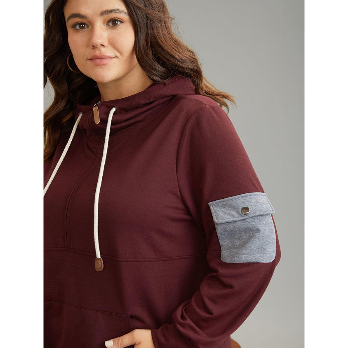 Plus Size Contrast Half Zip Patched Pocket Hooded Sweatshirt Women Burgundy Casual Contrast Hooded Dailywear Sweatshirts BloomChic 10/M Product Image