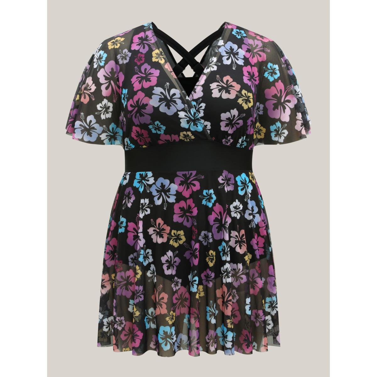 Plus Size Floral Mesh Layered Surplice Swim Dress Women's Swimwear BlackFlower Beach Bodycon Overlap Collar High stretch Curve Swim Dresses BloomChic 22-24/3X Product Image