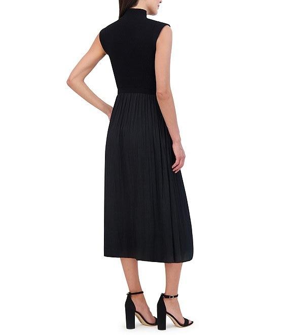Vince Camuto Mixed Media Sweater Bodice Mock Neck Sleeveless Satin Drop Waist Trapeze Flounce Midi Dress Product Image