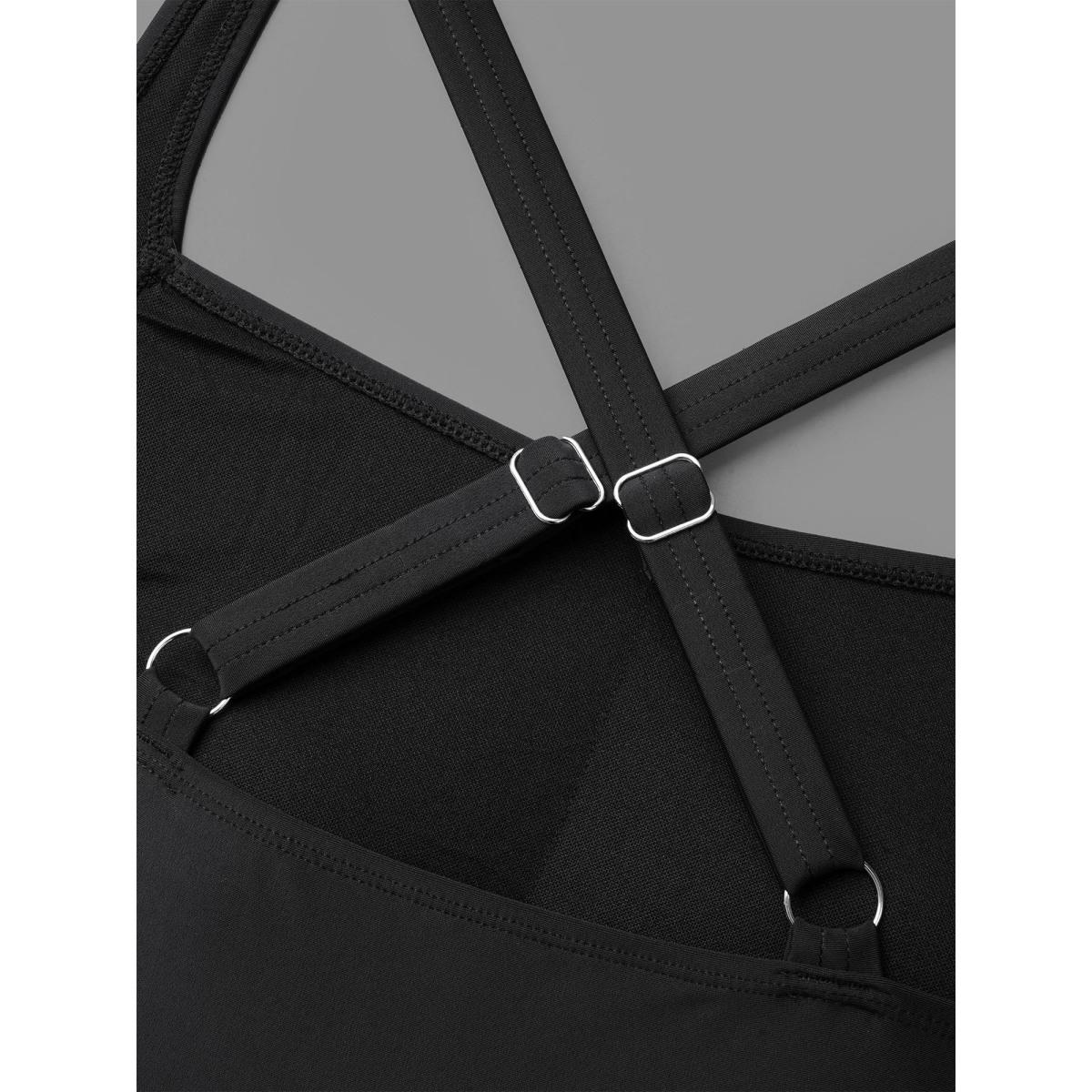 Plus Size Plain Back Crisscross Swim Top Women's Swimwear Black Resort Gathered High stretch Skinny U-neck Curve Swim Tops BloomChic 22-24/3X Product Image