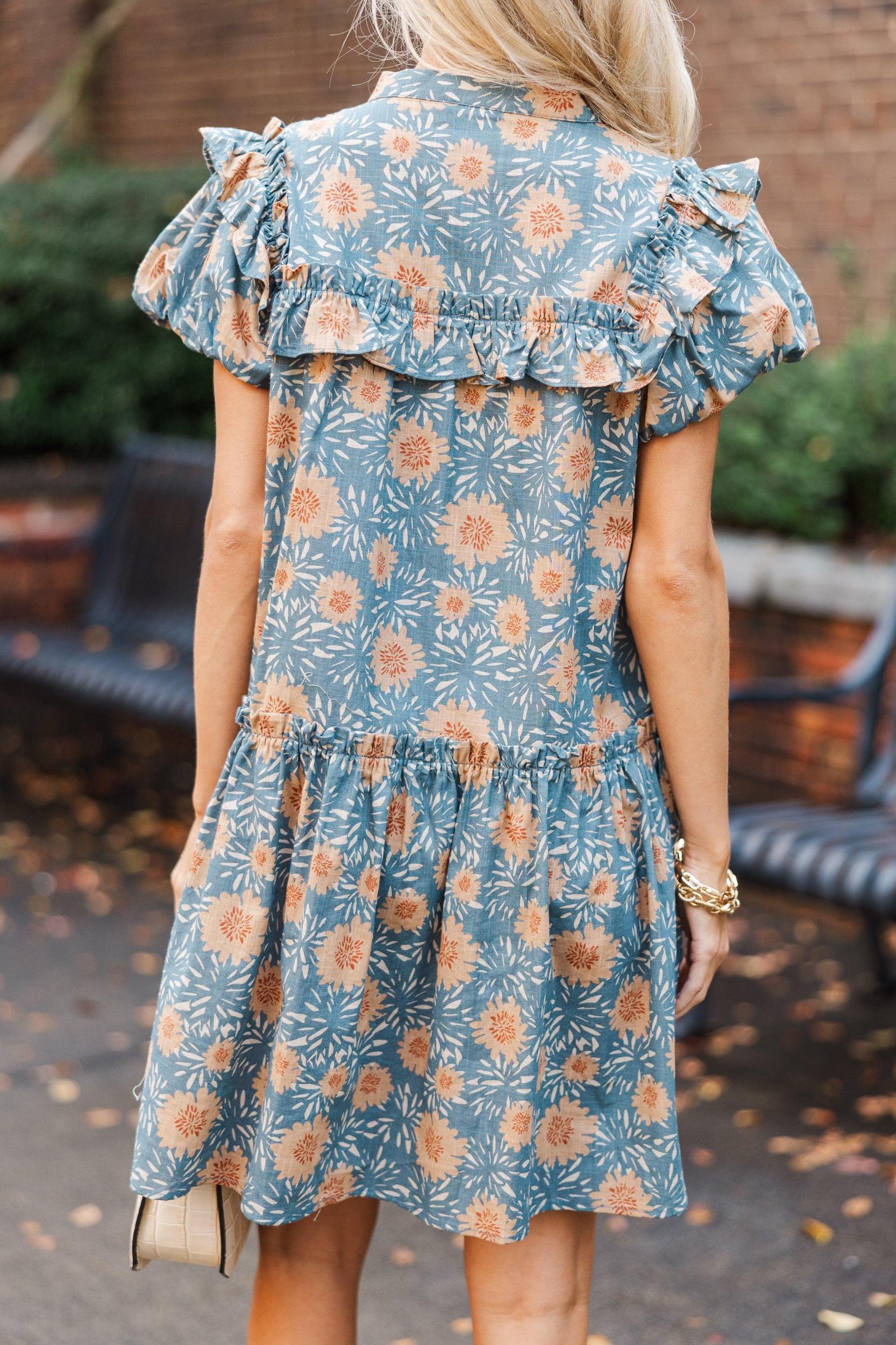 Bring It On Home Dusty Blue Floral Dress Female Product Image