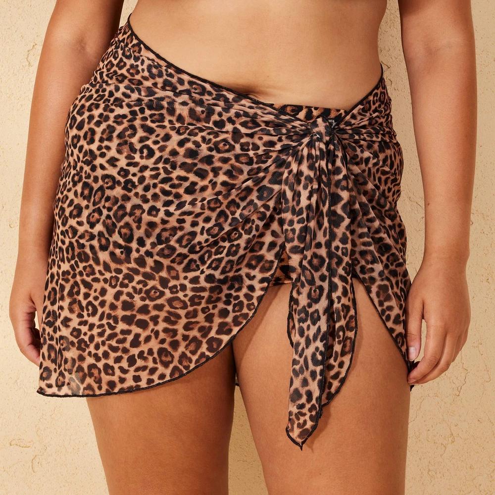 Women's Mesh Cover Up Sarong - Wild Fable™ Leopard Print 1X: Recycled Polyester, Spandex, Side Tie, Sheer Product Image