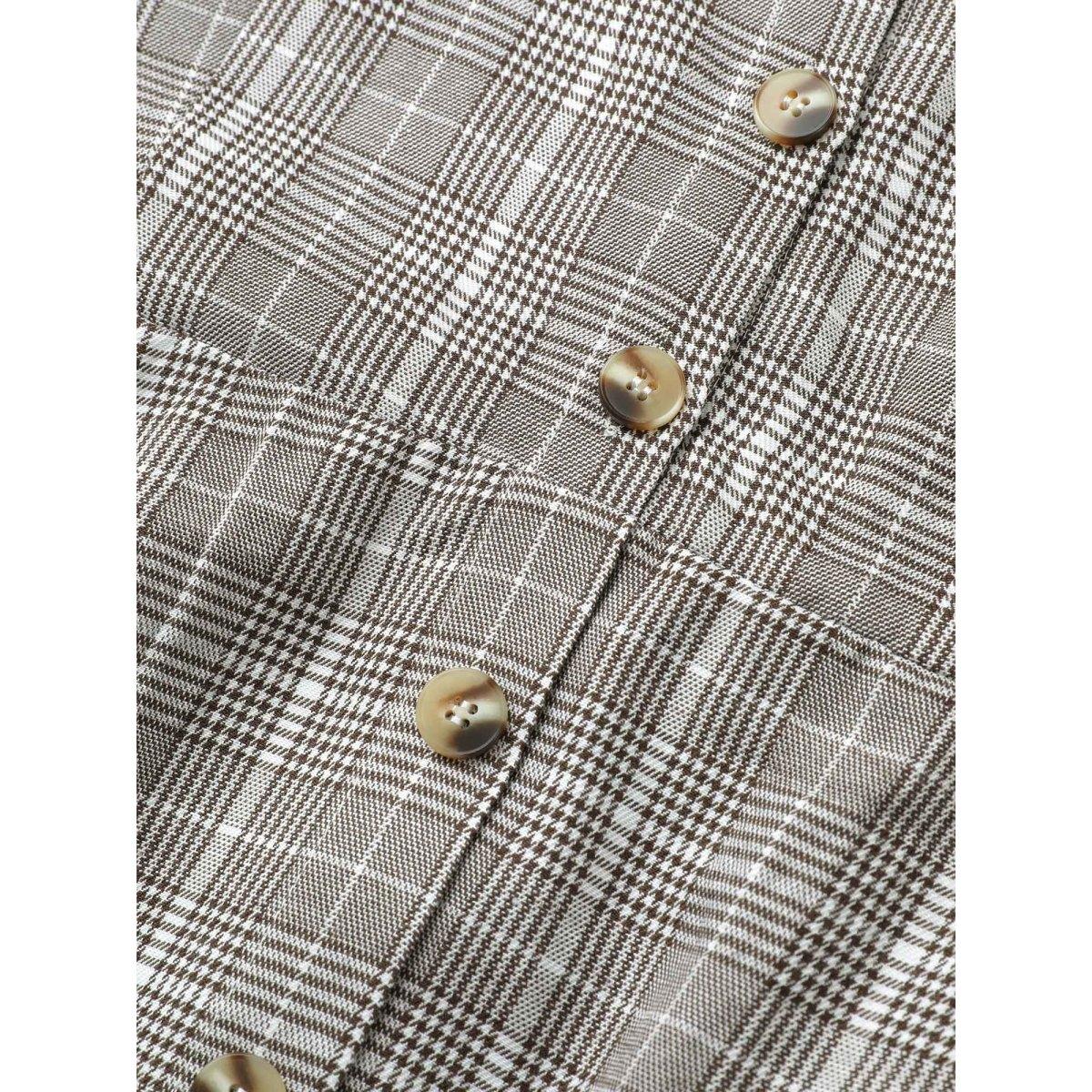 Plus Size Plaid Button Detail Pocket Lantern Sleeve Dress Chocolate Women At the Office Non Round Neck Elbow-length sleeve Curvy Knee Dress BloomChic 18-20/2X Product Image