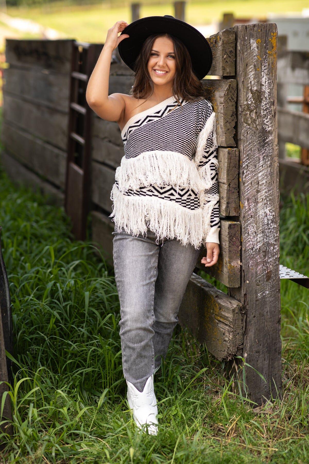 Ivory One Shoulder Sweater With Fringe Product Image
