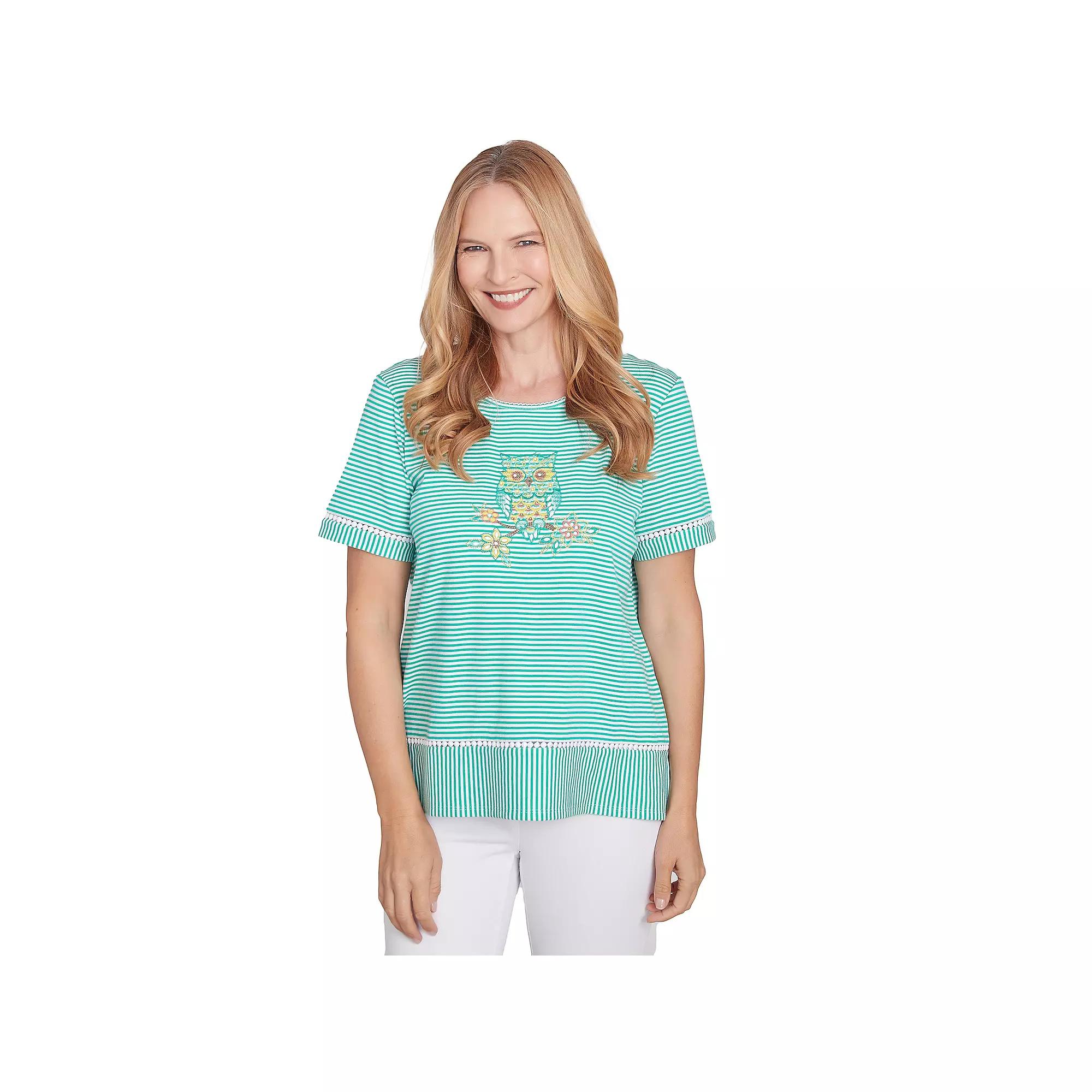 Women's Alfred Dunner Owl Knit Striped Tee, Size: Small, Green Product Image