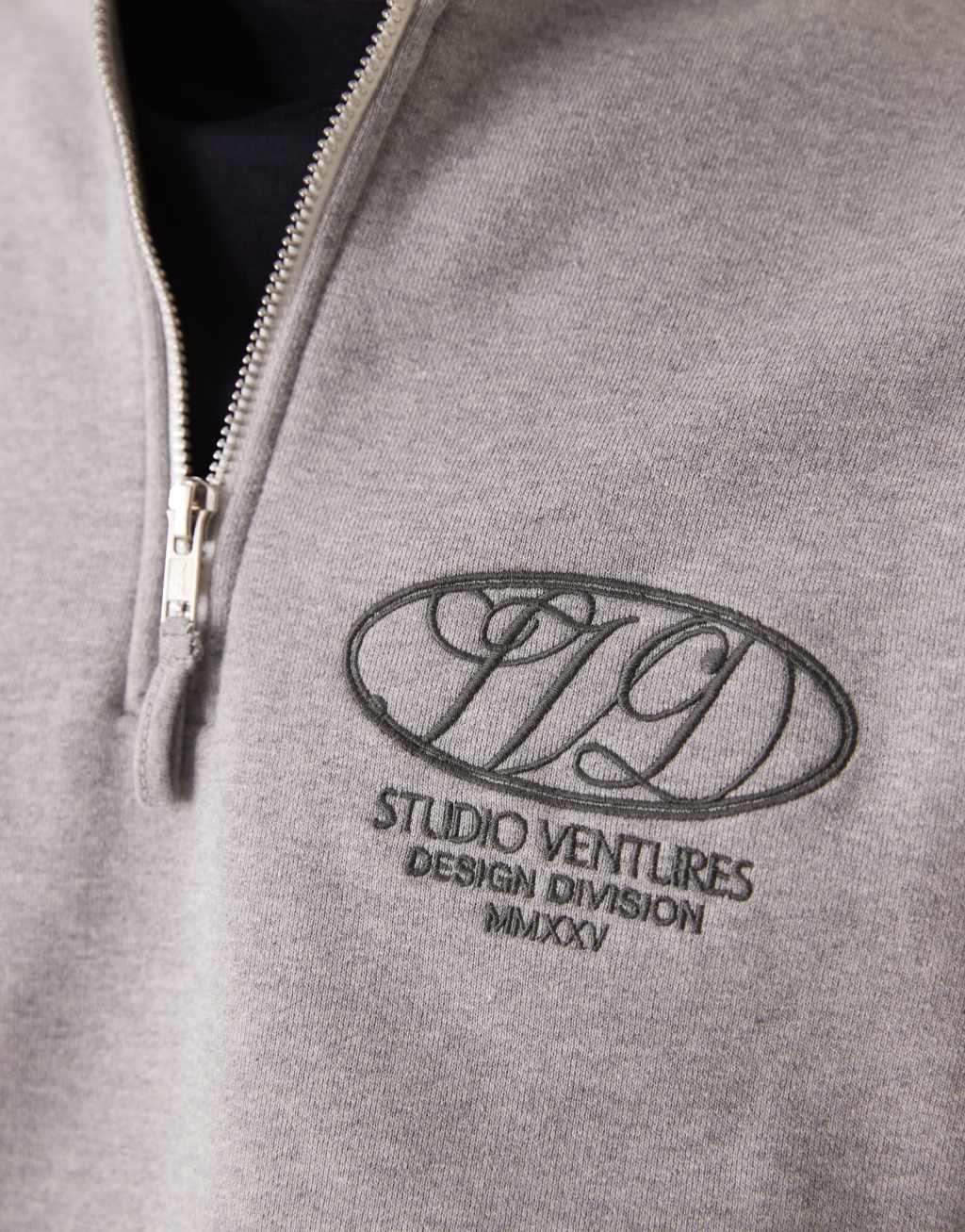 ASOS DESIGN premium heavyweight boxy oversized quarter zip sweatshirt 400gsm with tonal print in gray heather Product Image