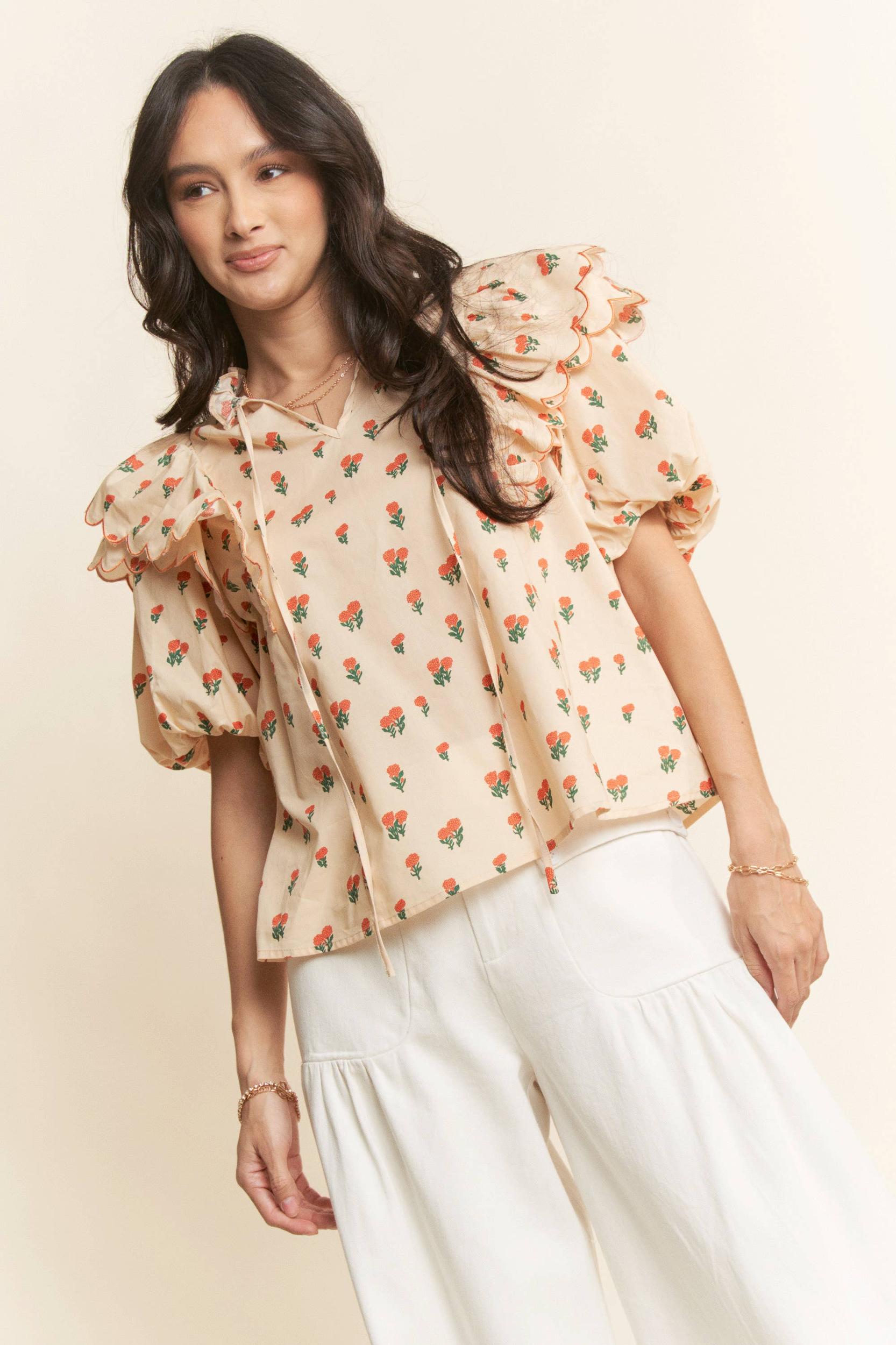 CONTRAST EDGE RUFFLE PUFF SLEEVE BLOUSE TOP: MOCHA BROWN Product Image