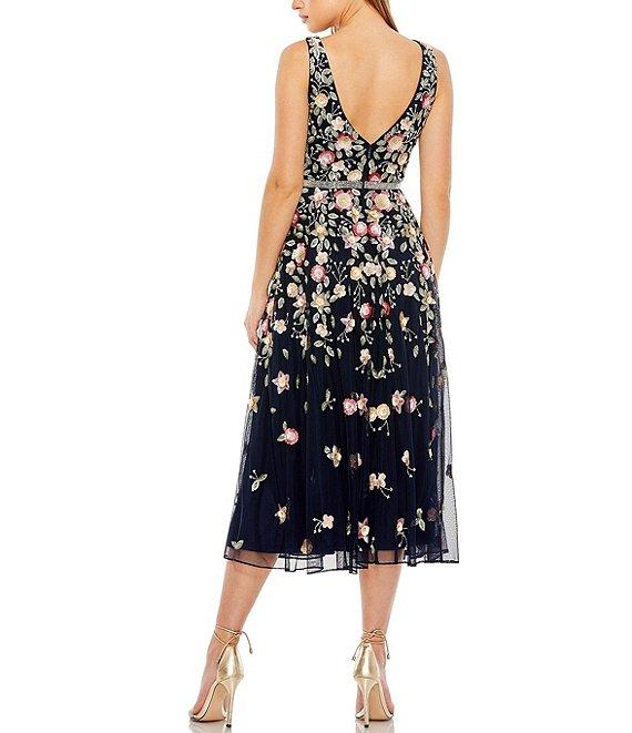 Mac Duggal Beaded V-Neck Sleeveless A-Line Midi Dress Product Image