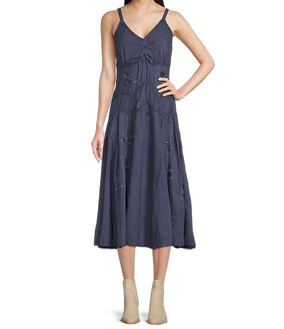 Scully Spaghetti Strap Front Tie Embroidered Midi Dress Product Image