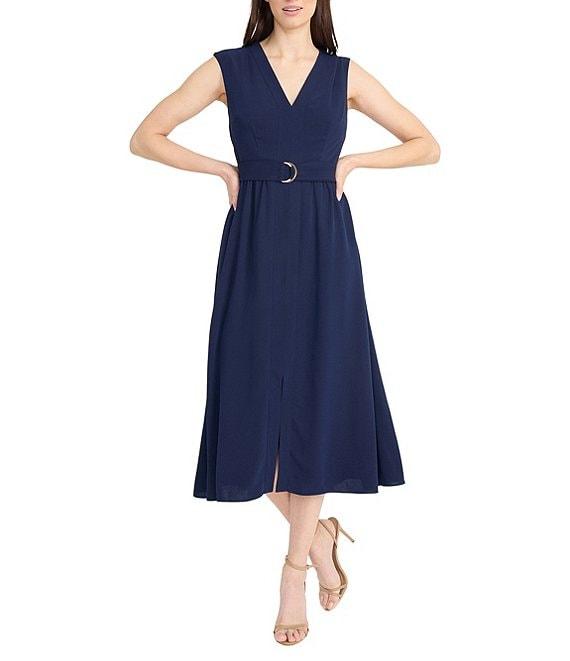 Maggy London V-Neck Sleeveless Belted Drape Twill A-Line Midi Dress Product Image