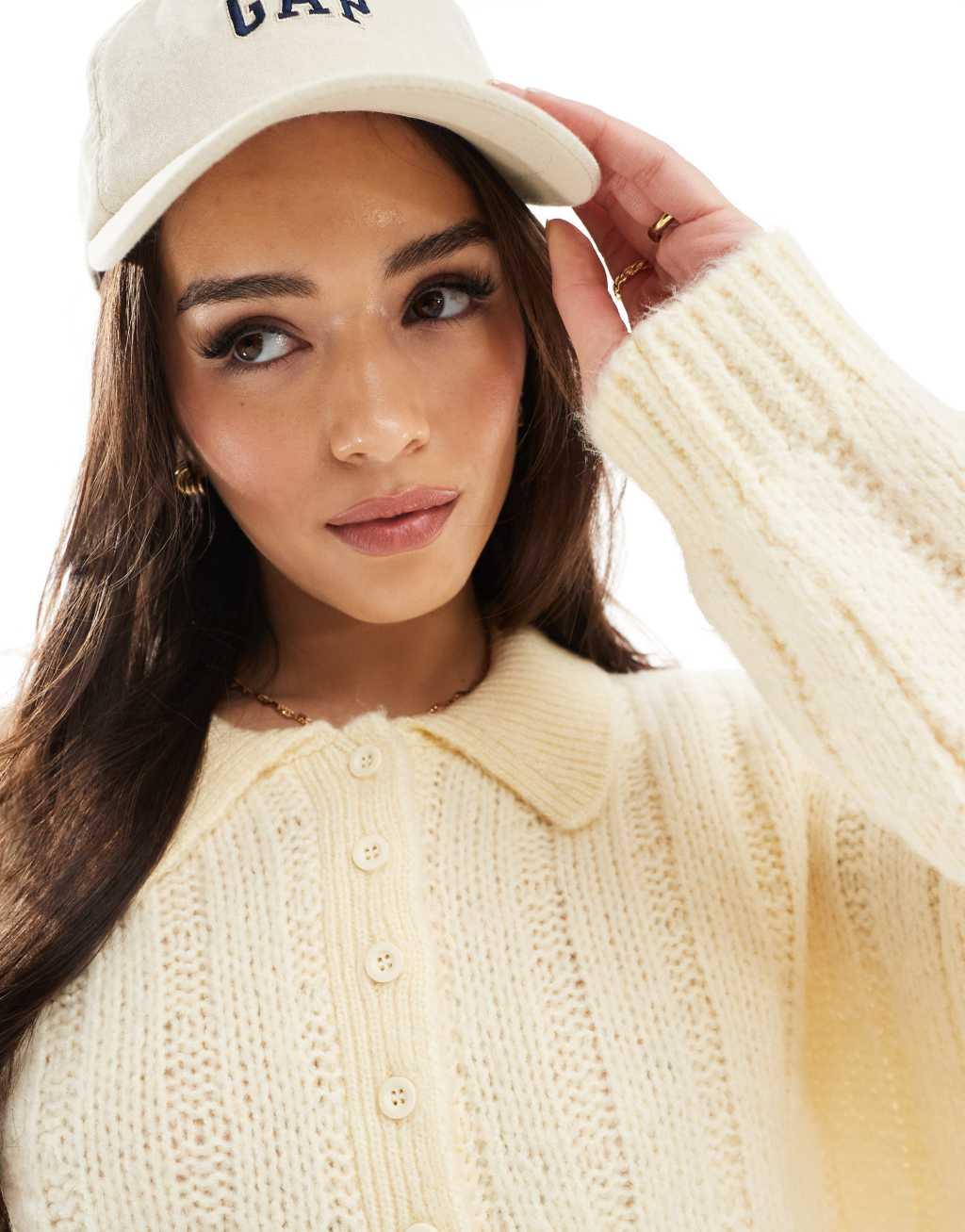 ASOS DESIGN knitted stitch polo shirt in buttermilk Product Image