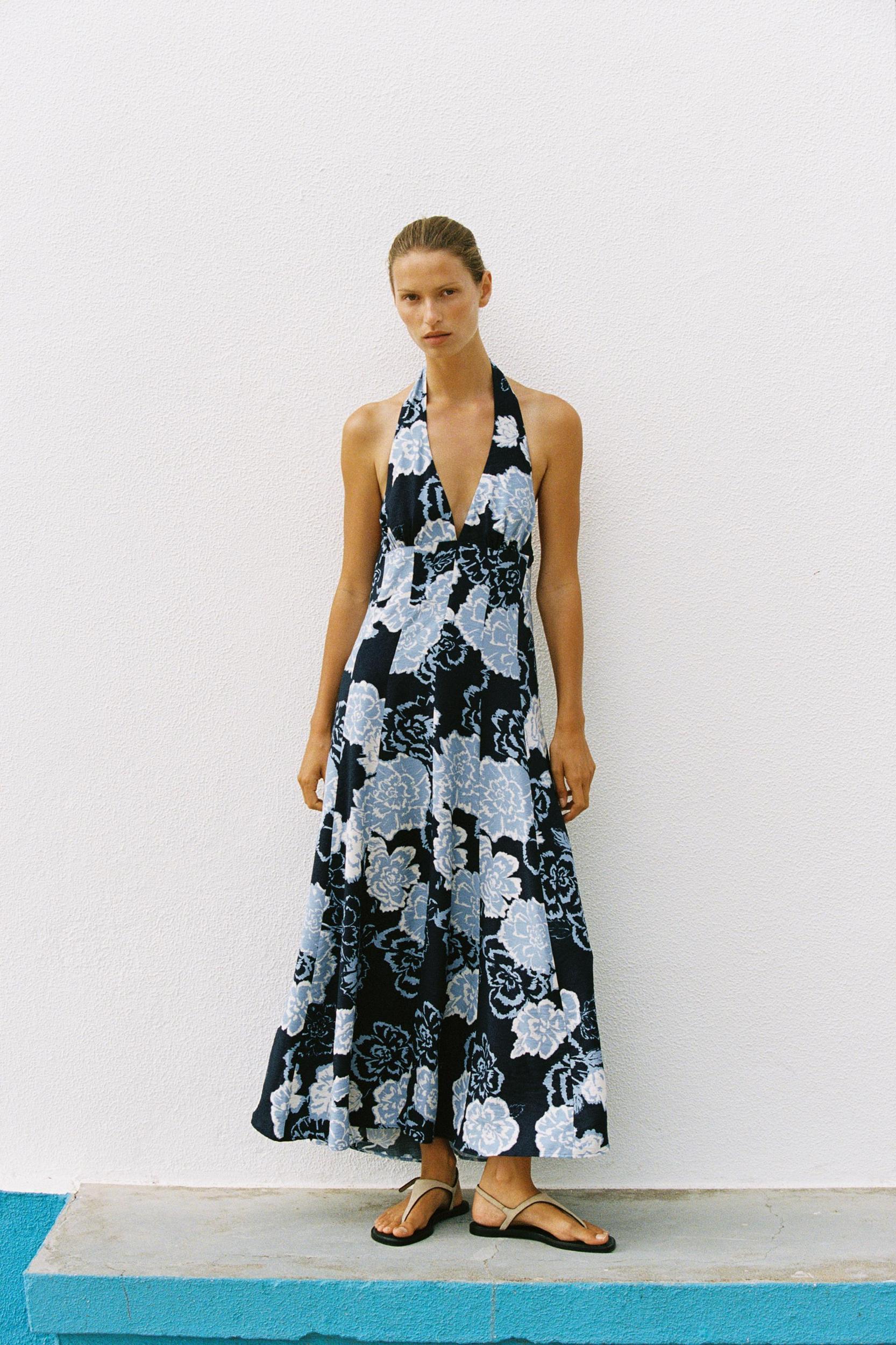 FLORAL PRINT HALTER MIDI DRESS Product Image