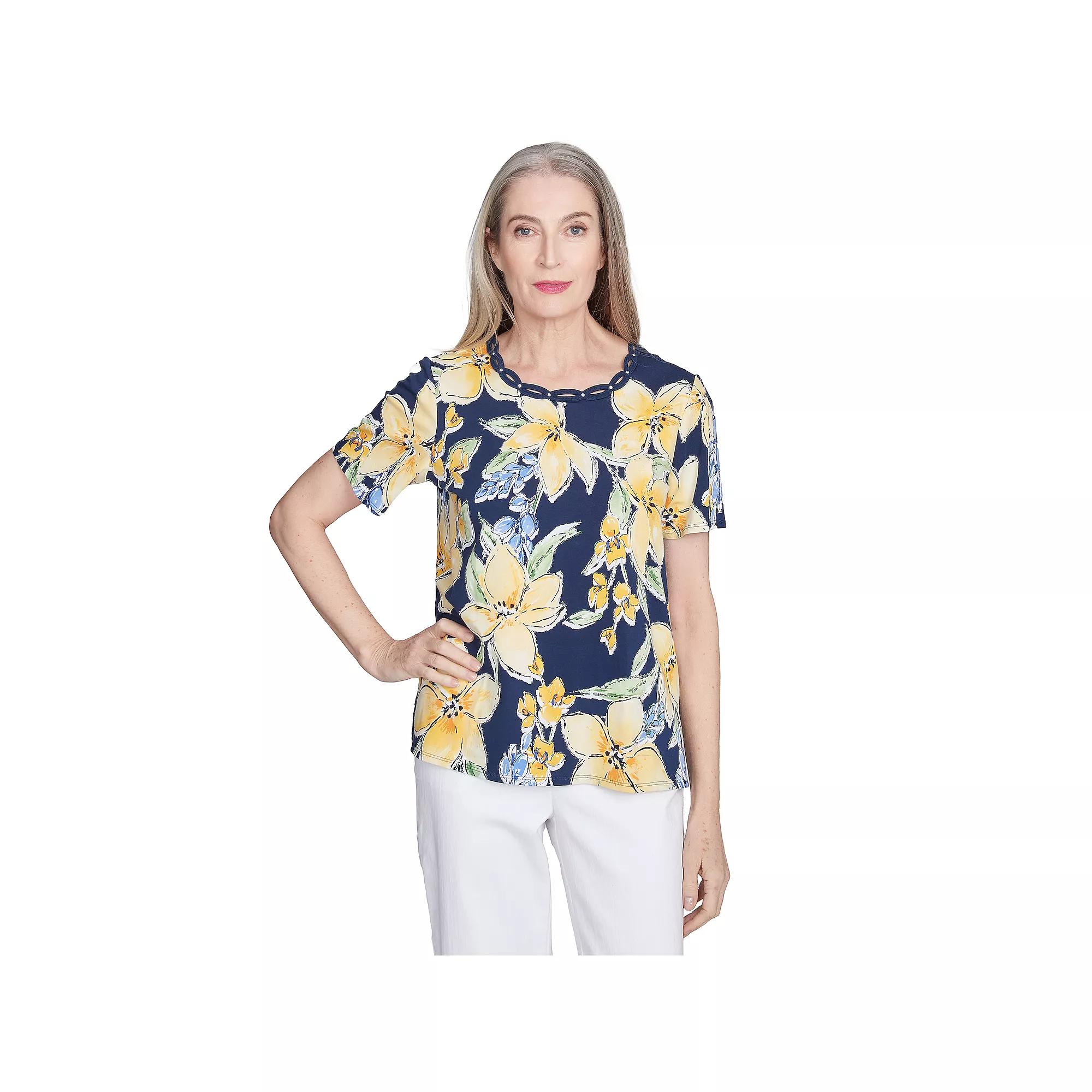 Women's Alfred Dunner Navy Floral Braided Crew Neck Top, Size: Large, Blue Product Image